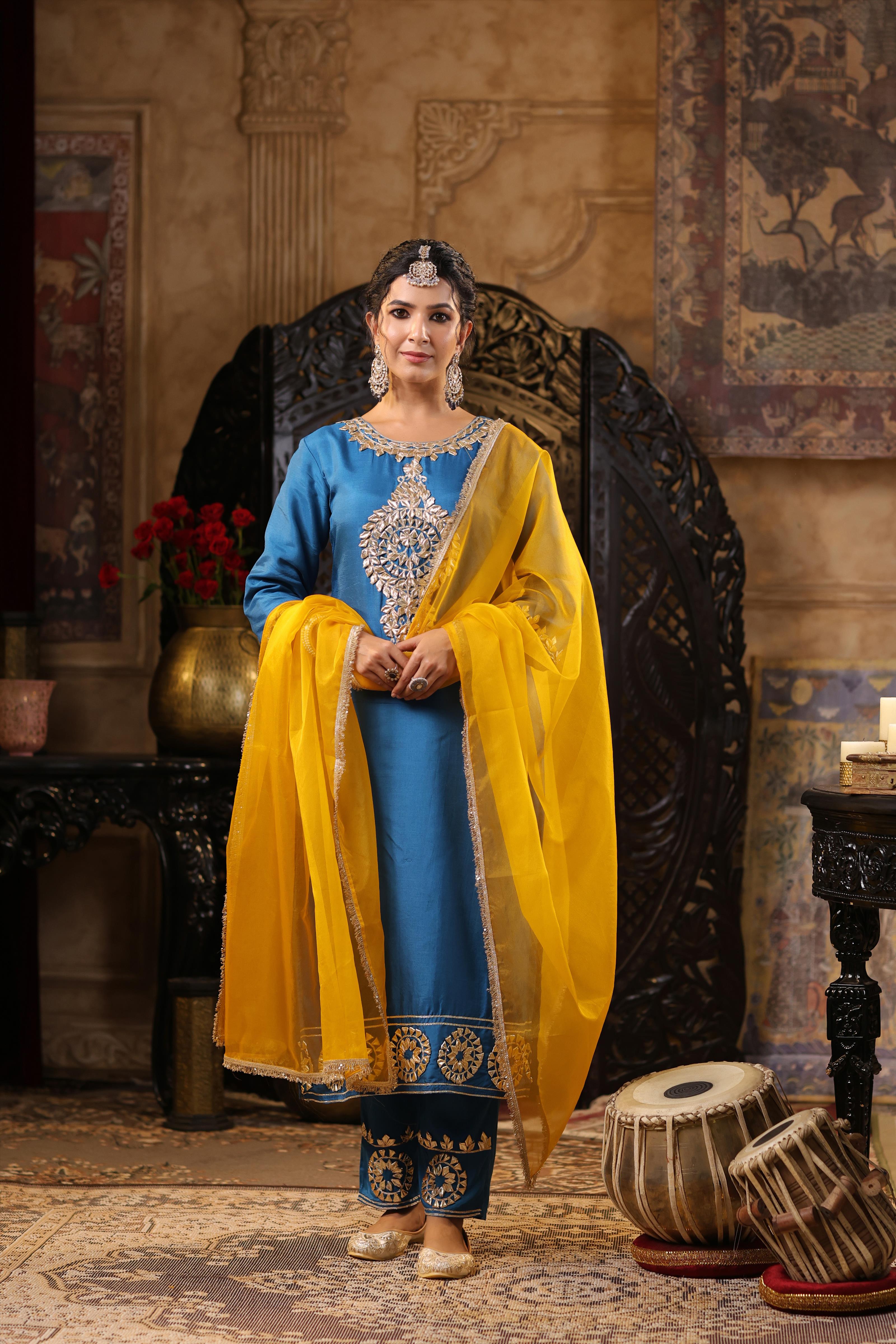 Teal-Mustard Dupion Silk Gota Work Suit Set