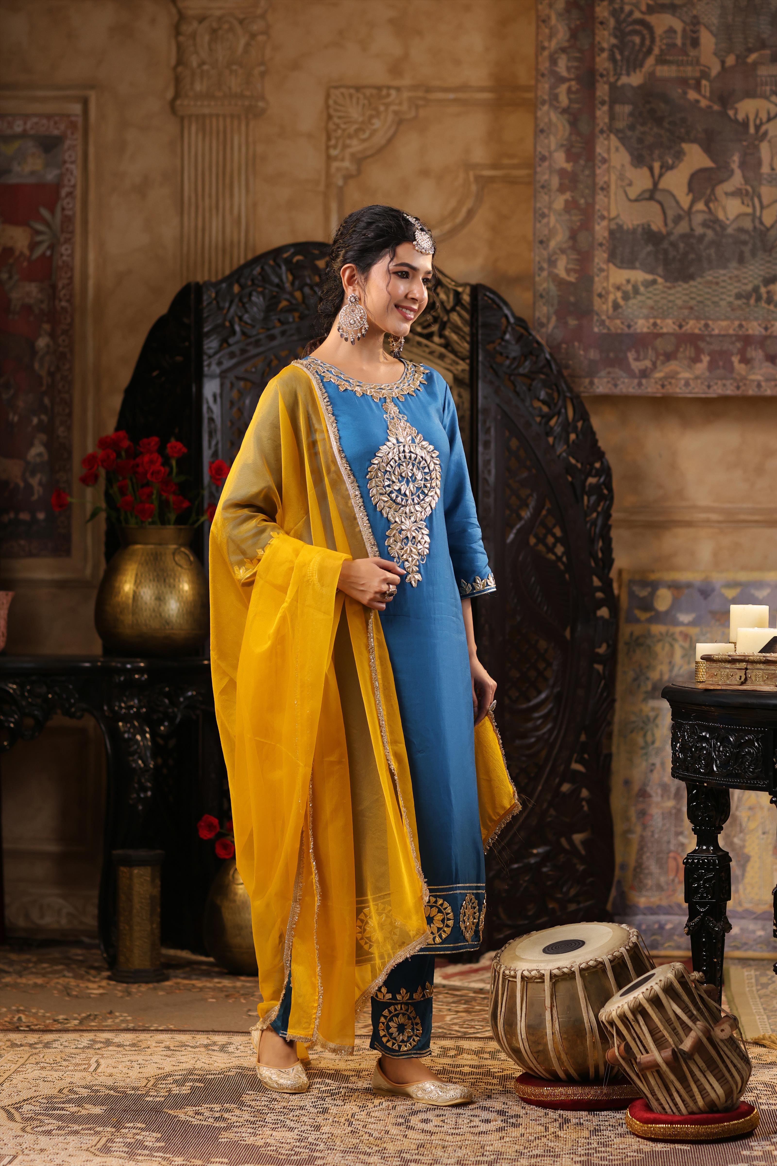 Teal-Mustard Dupion Silk Gota Work Suit Set