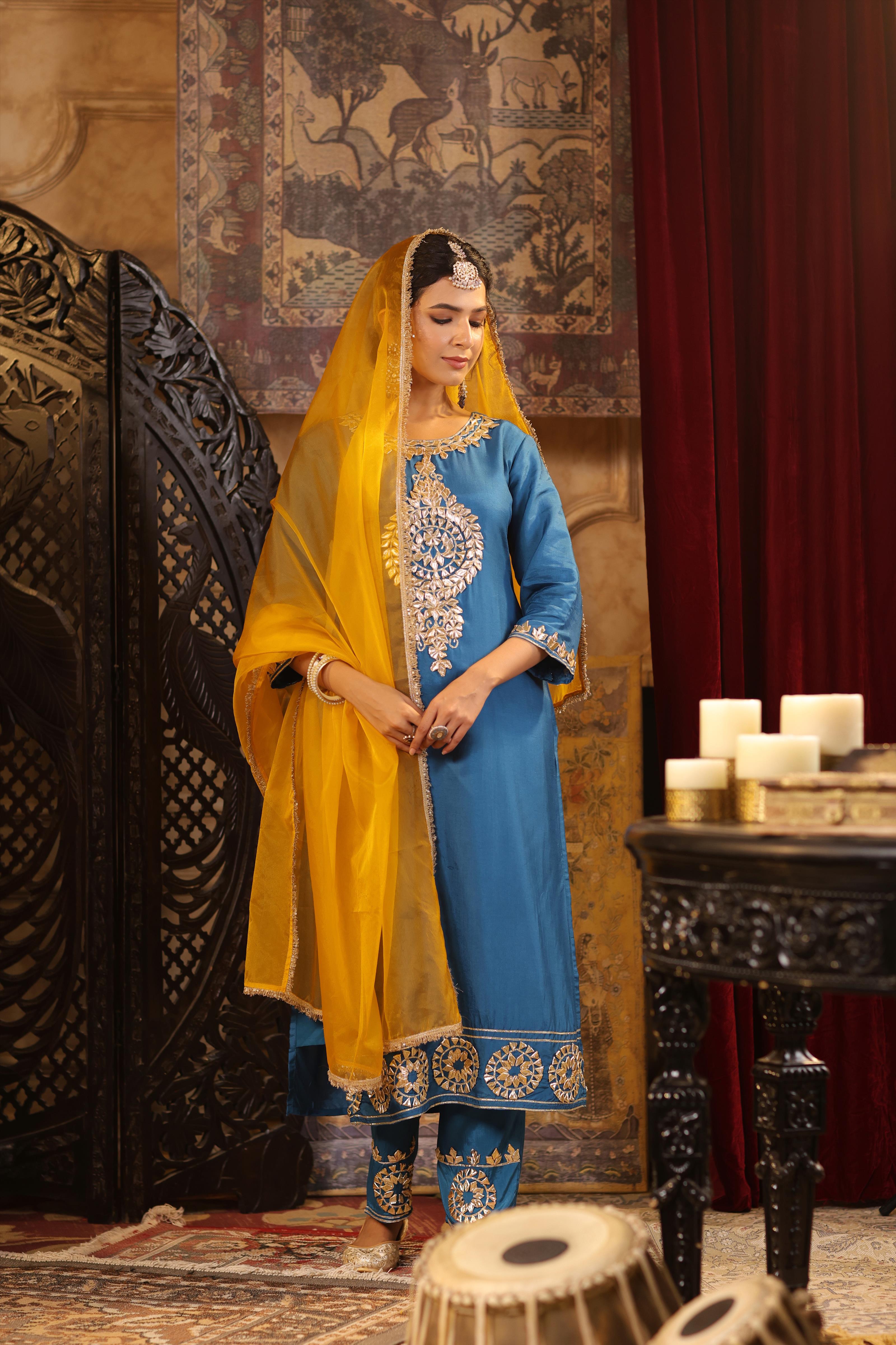 Teal-Mustard Dupion Silk Gota Work Suit Set