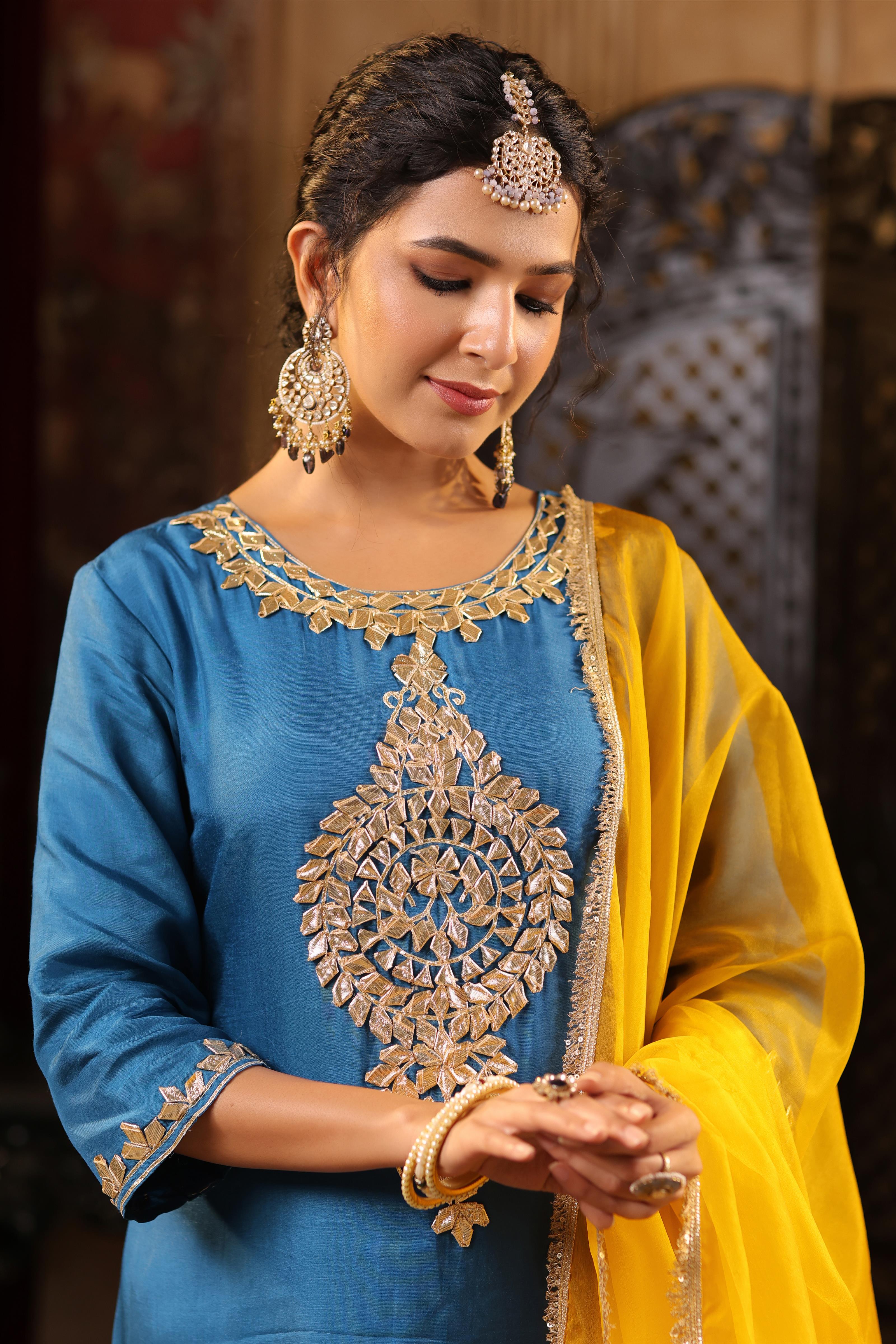 Teal-Mustard Dupion Silk Gota Work Suit Set