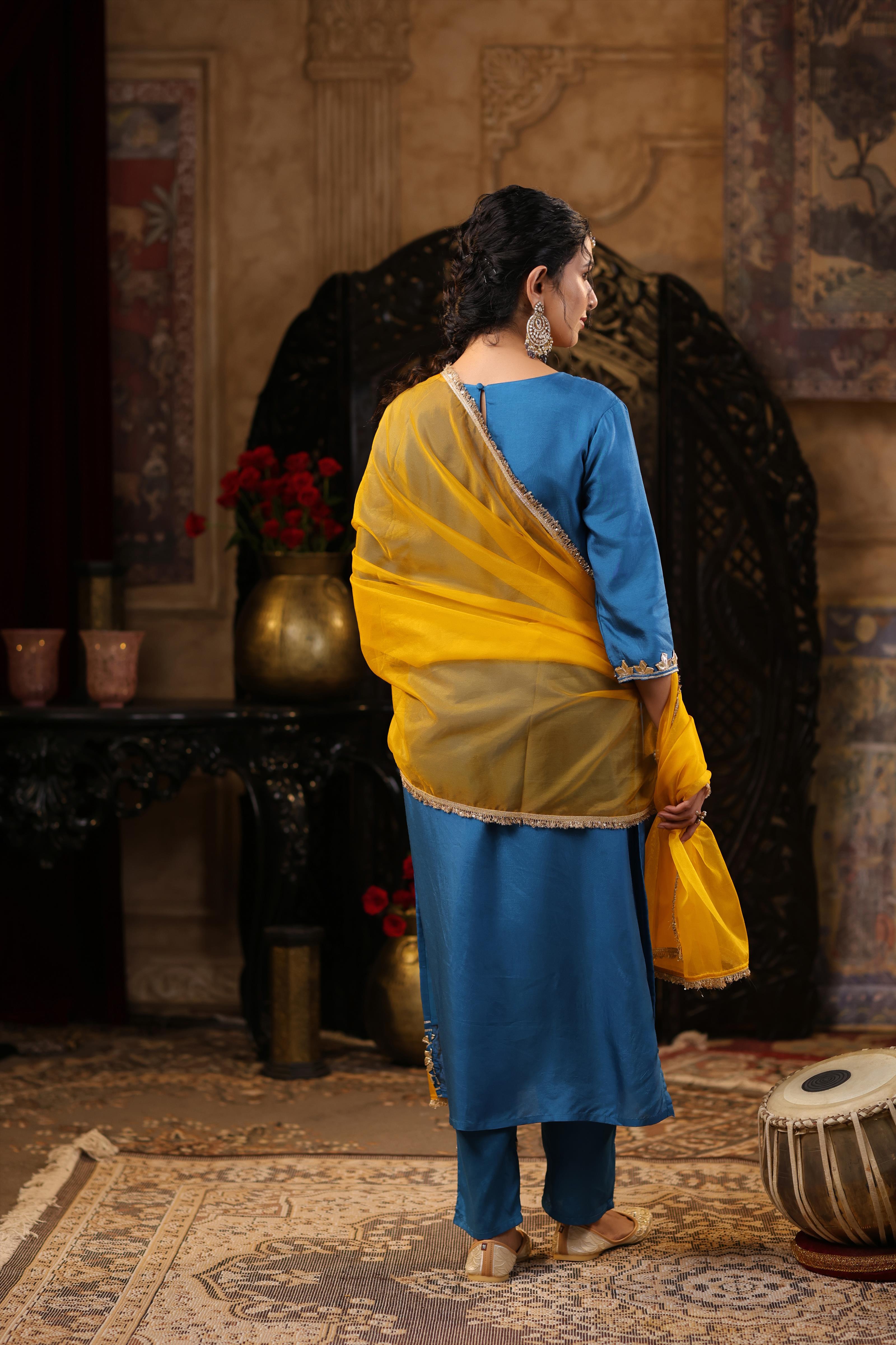 Teal-Mustard Dupion Silk Gota Work Suit Set