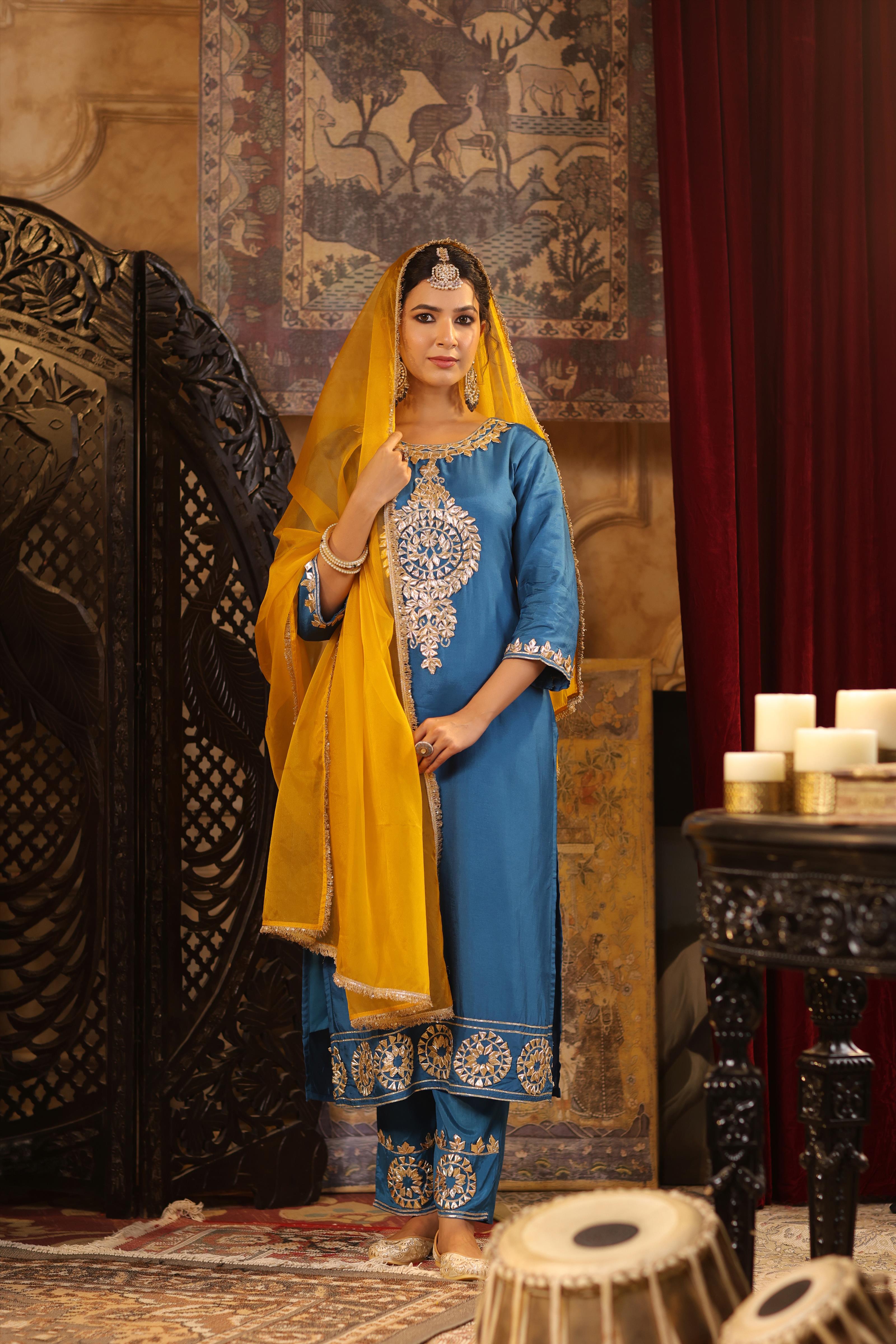 Teal-Mustard Dupion Silk Gota Work Suit Set