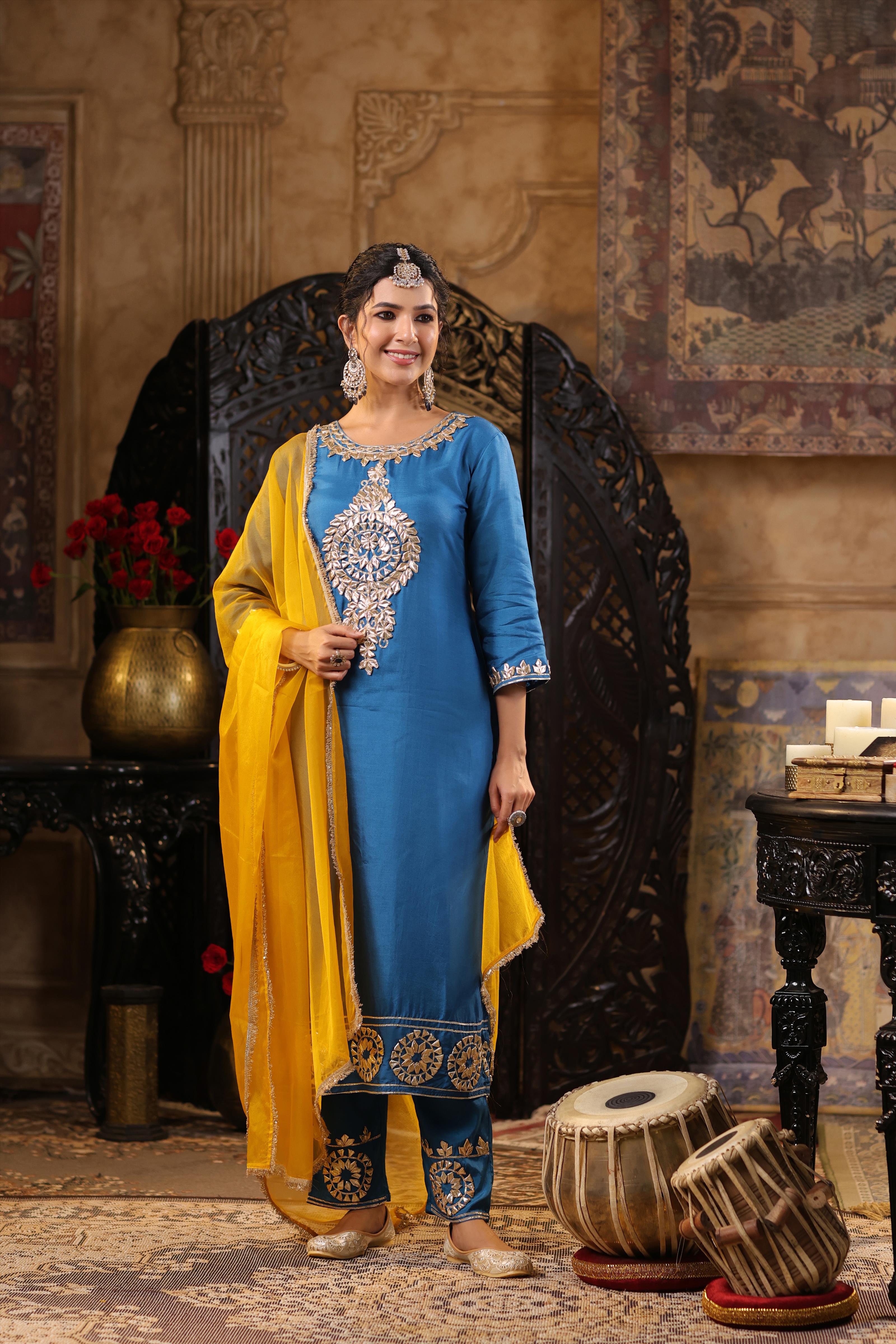 Teal-Mustard Dupion Silk Gota Work Suit Set