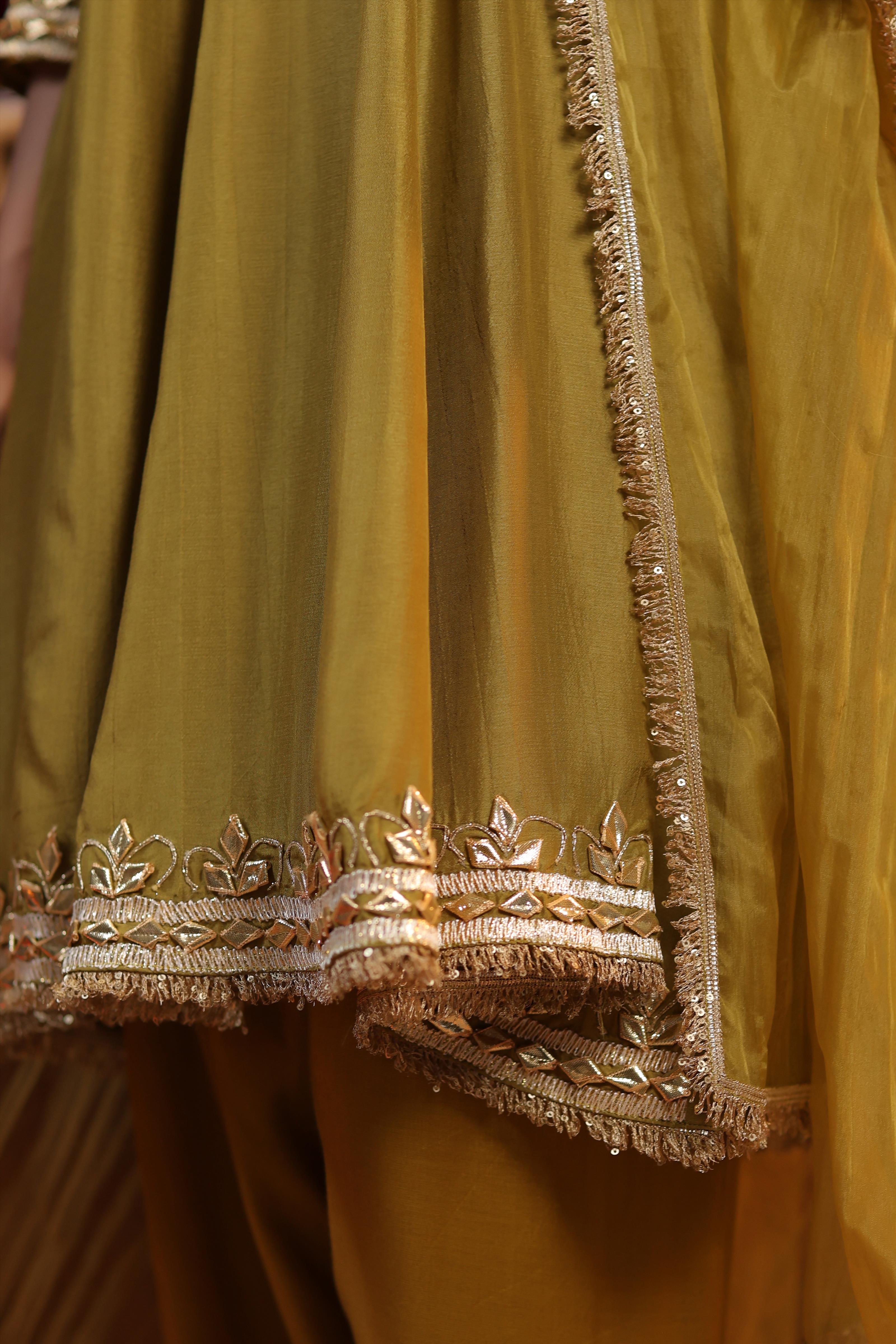 Olive Dupion Silk Gota Work Anarkali Set