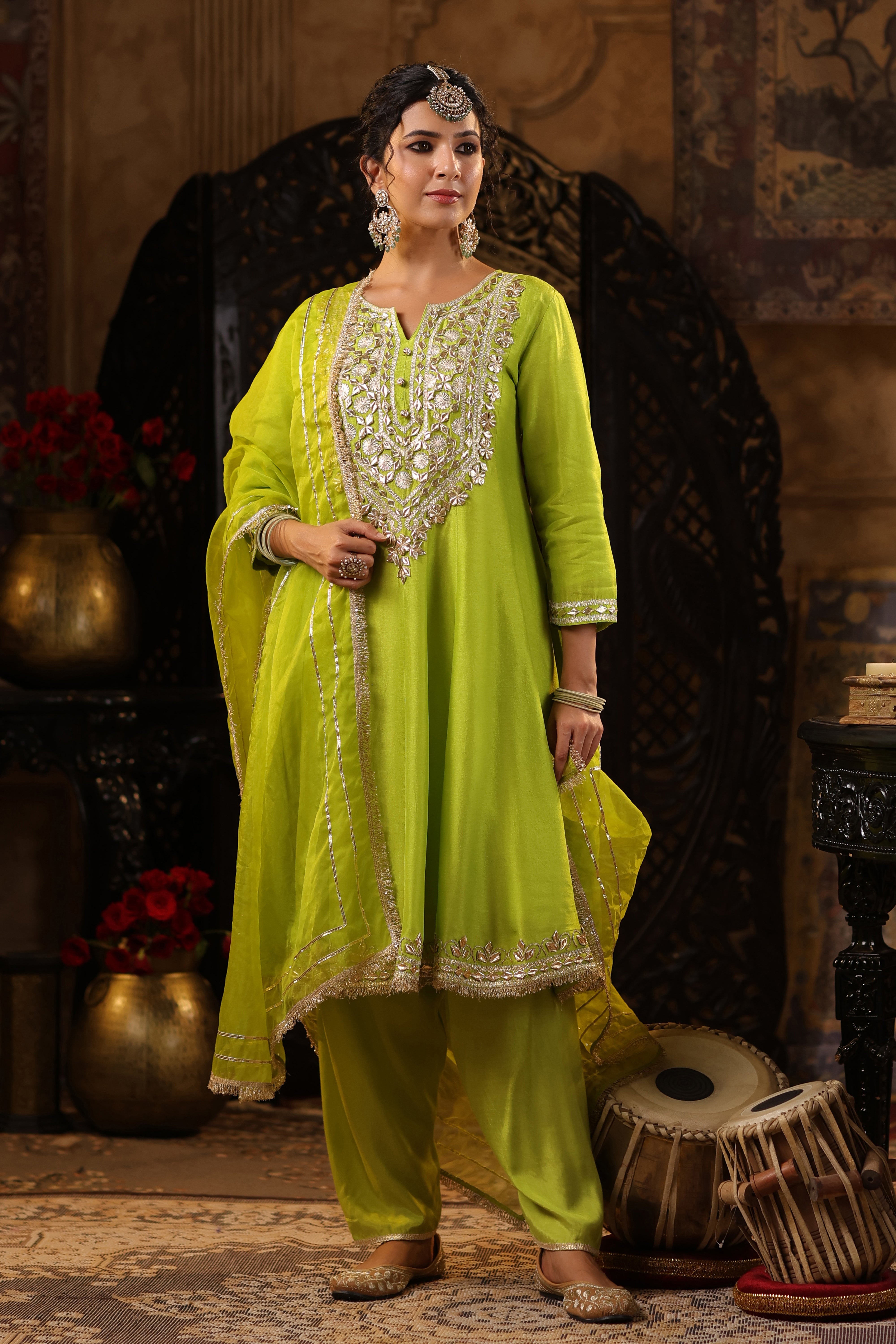 Lime Green Dupion Silk Gota Work Anarkali Set