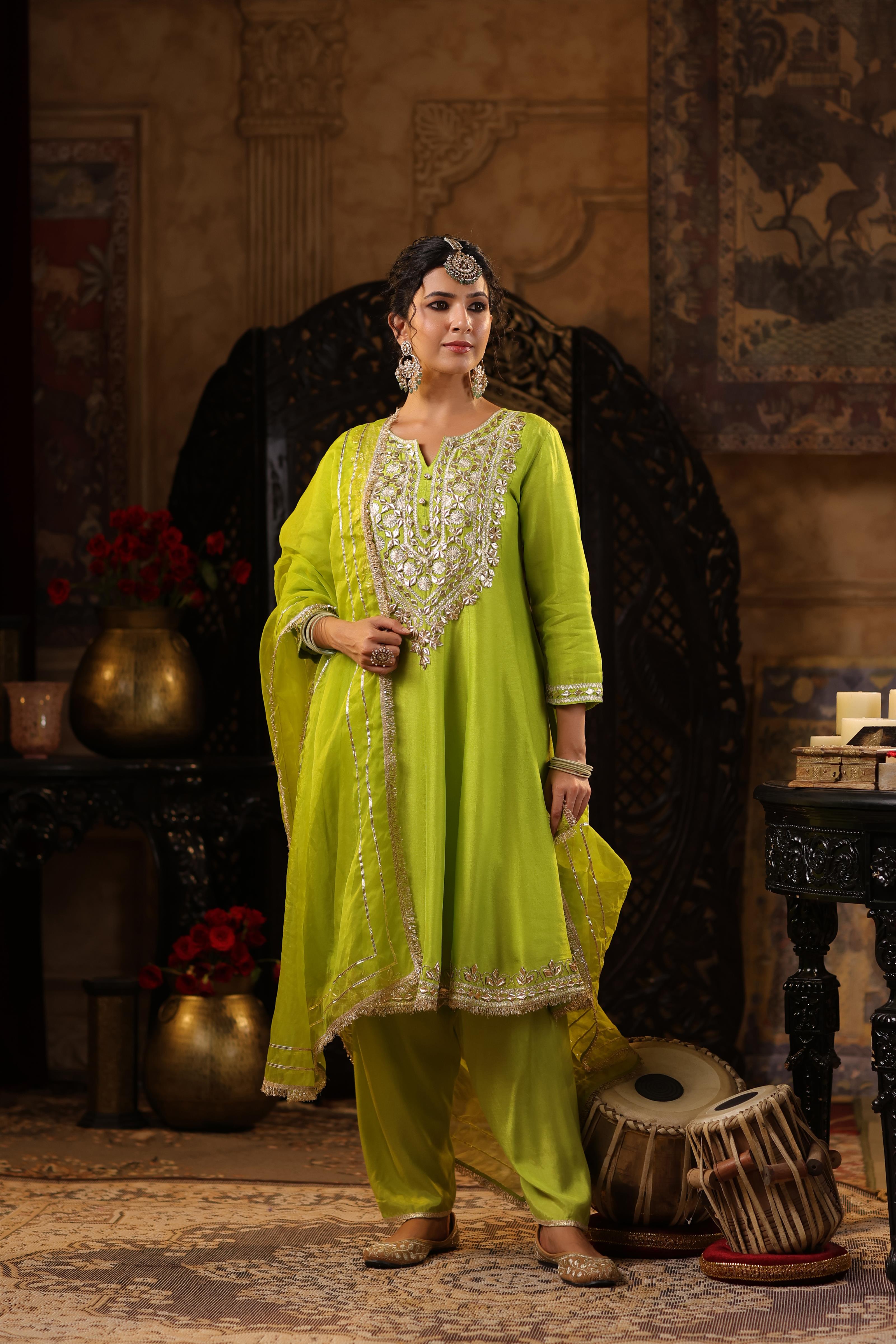 Lime Green Dupion Silk Gota Work Anarkali Set