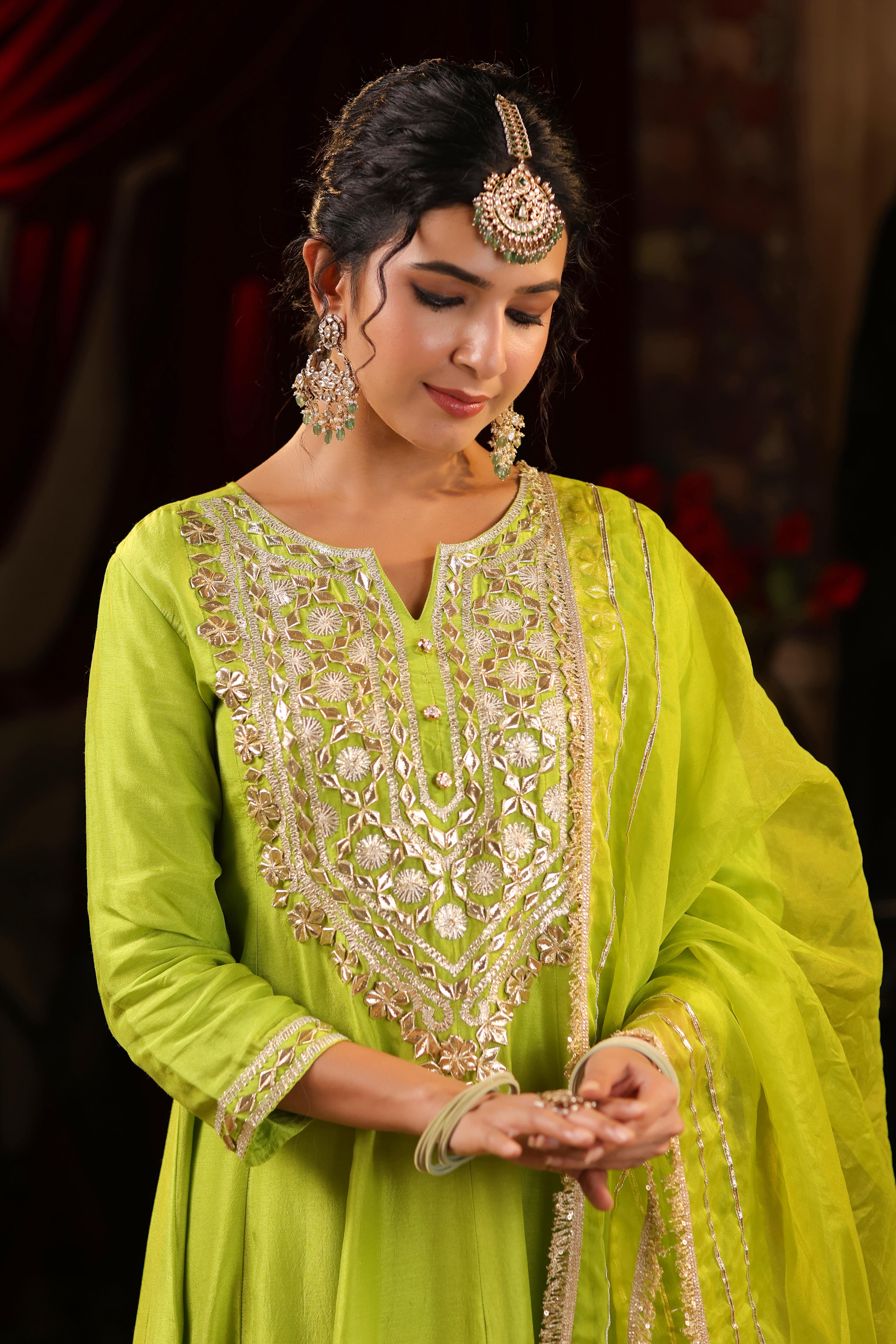 Lime Green Dupion Silk Gota Work Anarkali Set