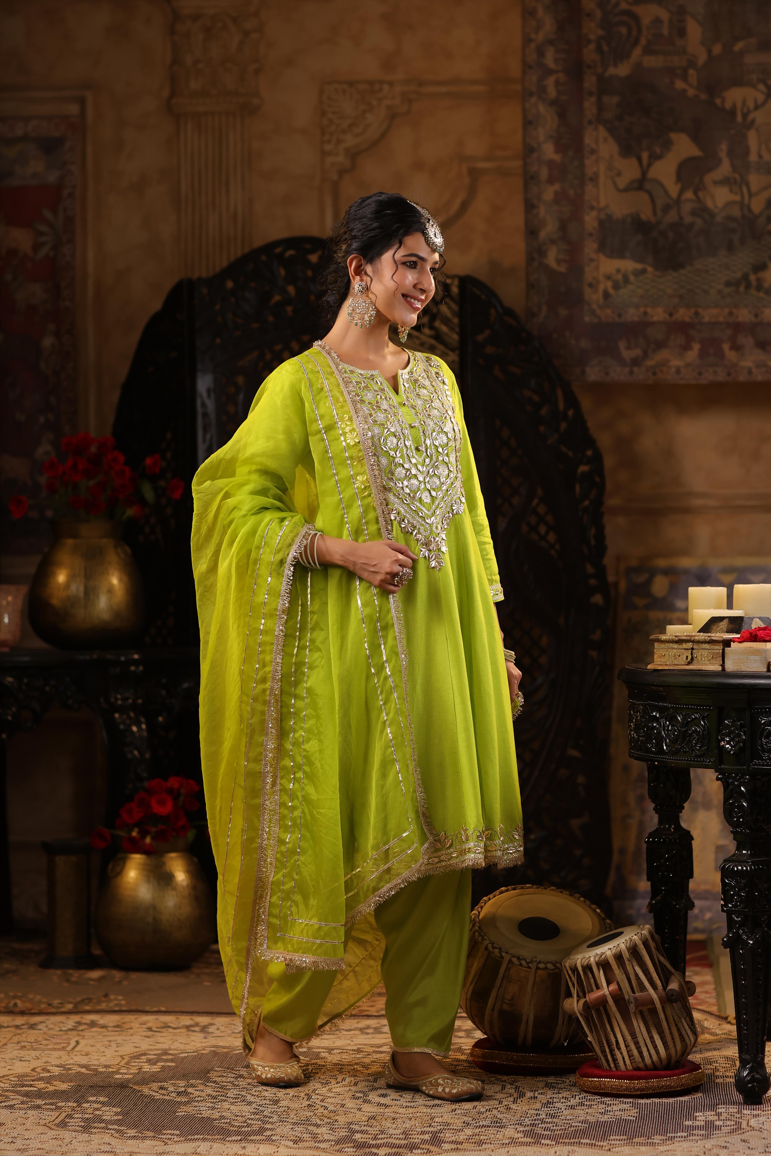 Lime Green Dupion Silk Gota Work Anarkali Set