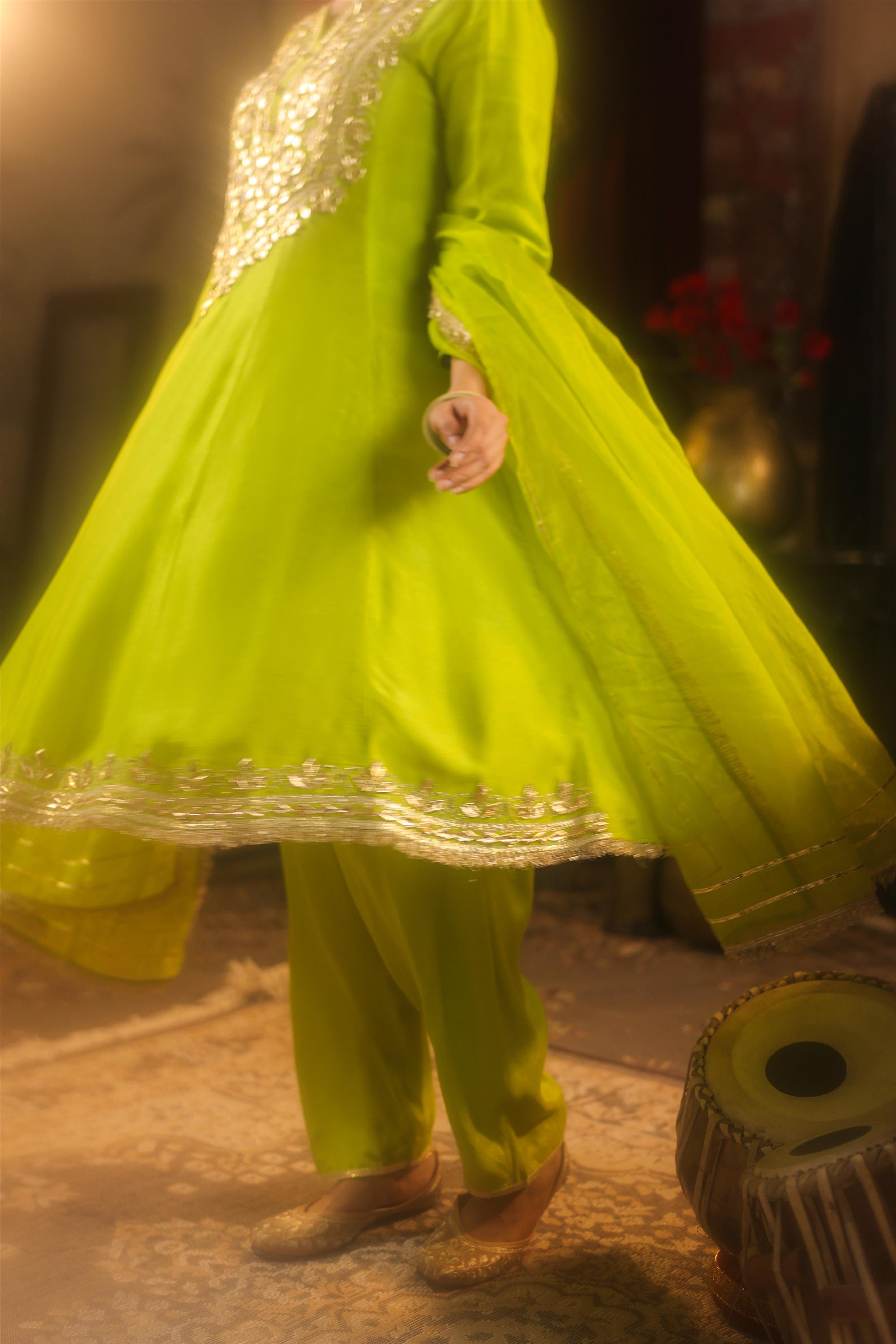 Lime Green Dupion Silk Gota Work Anarkali Set