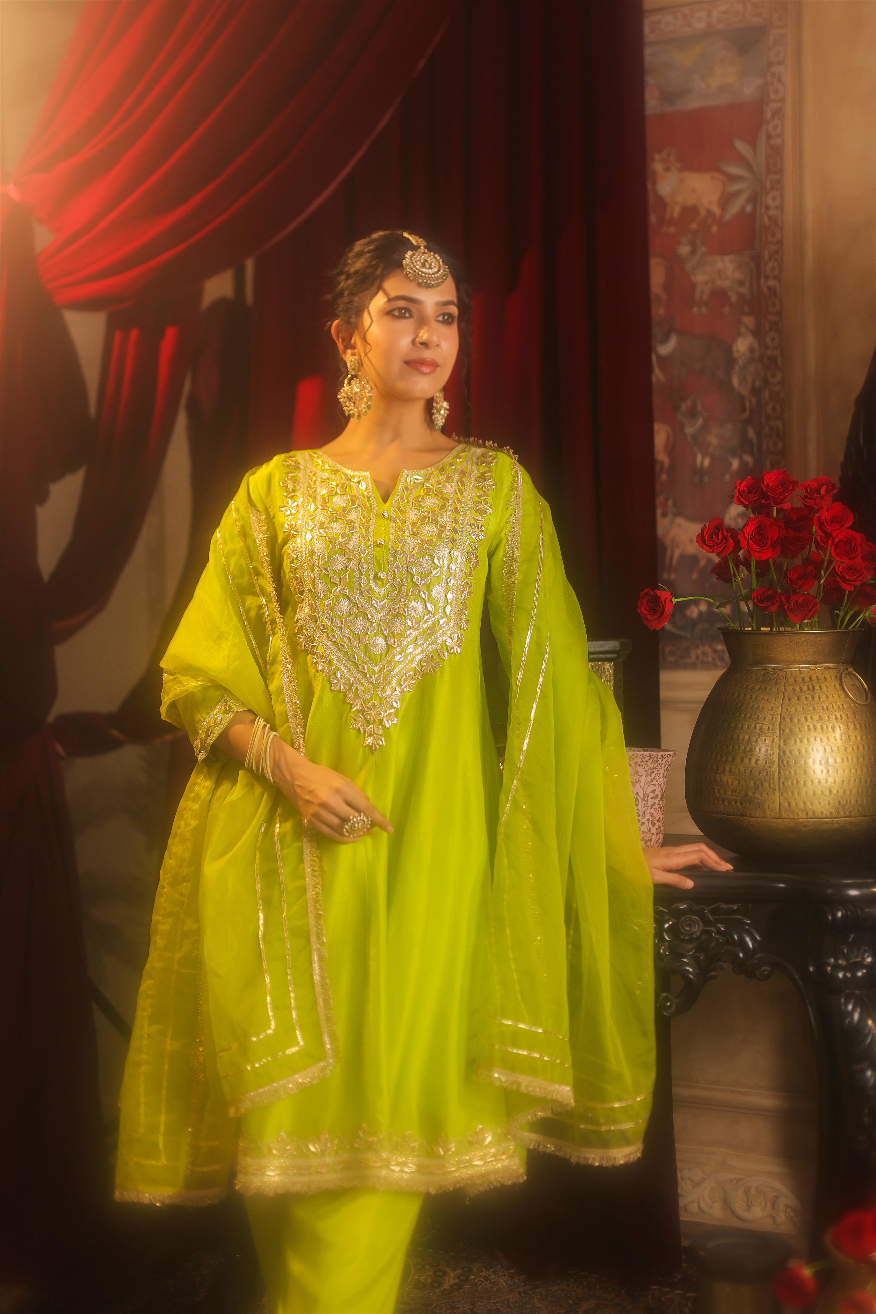 Lime Green Dupion Silk Gota Work Anarkali Set