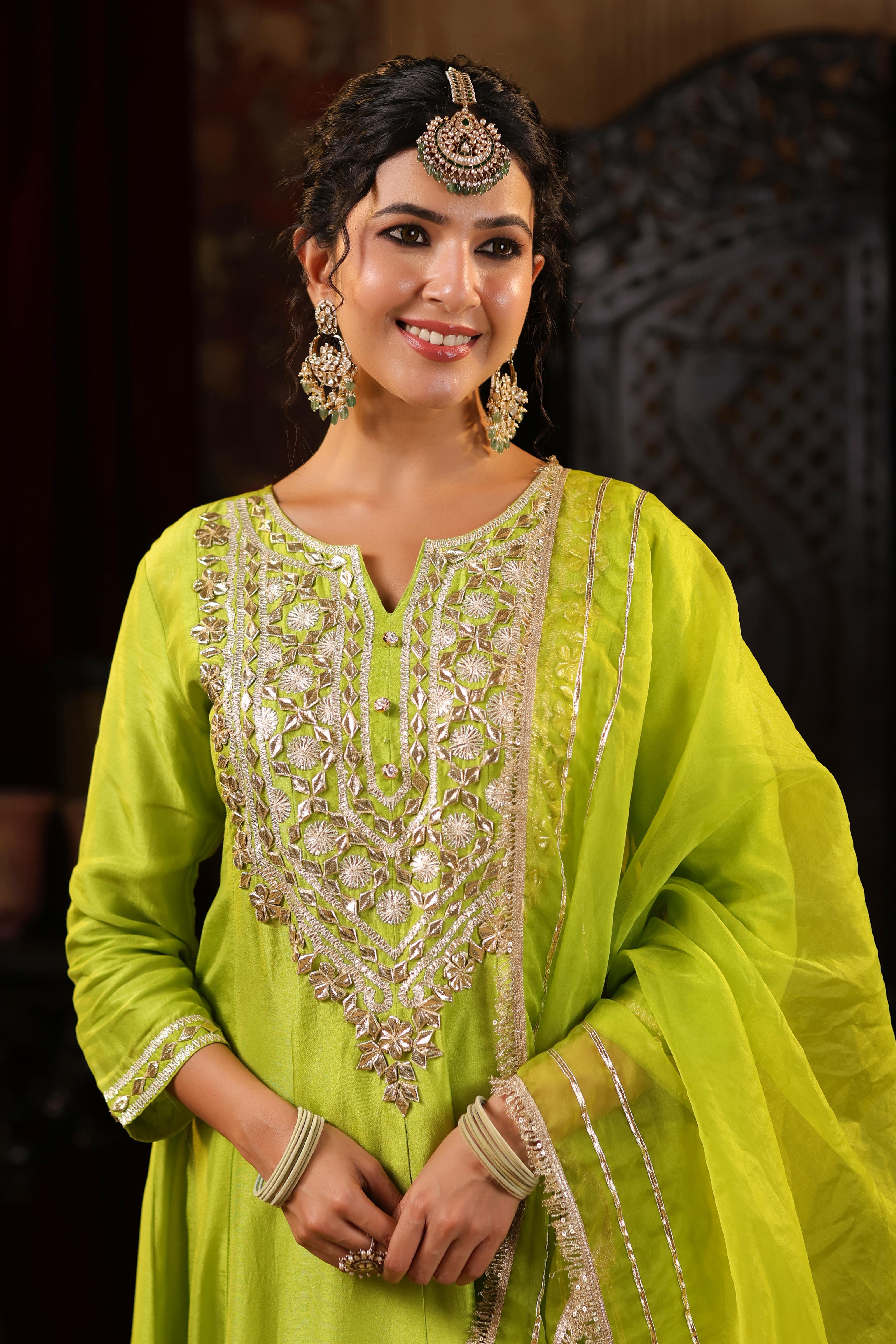 Lime Green Dupion Silk Gota Work Anarkali Set