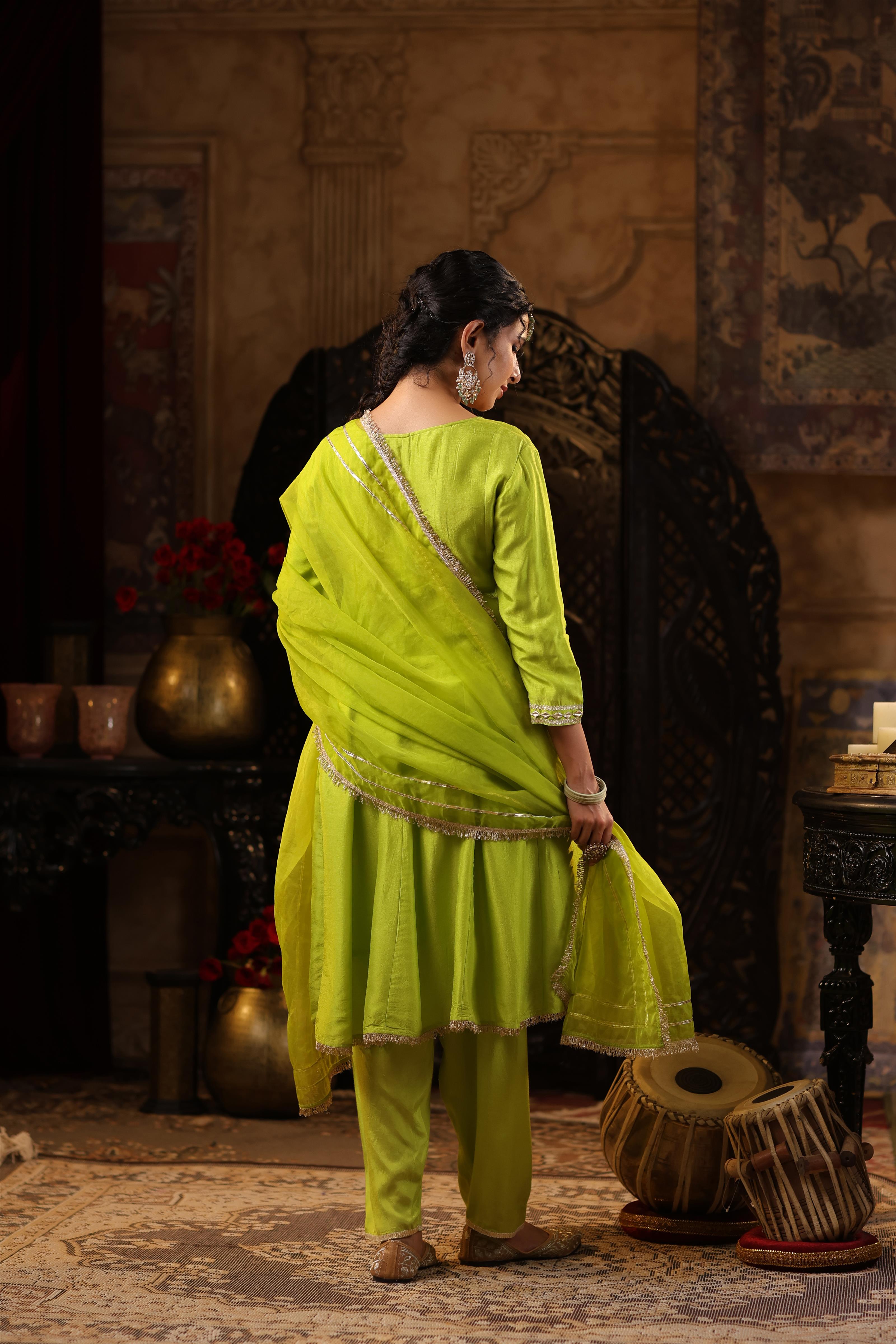 Lime Green Dupion Silk Gota Work Anarkali Set