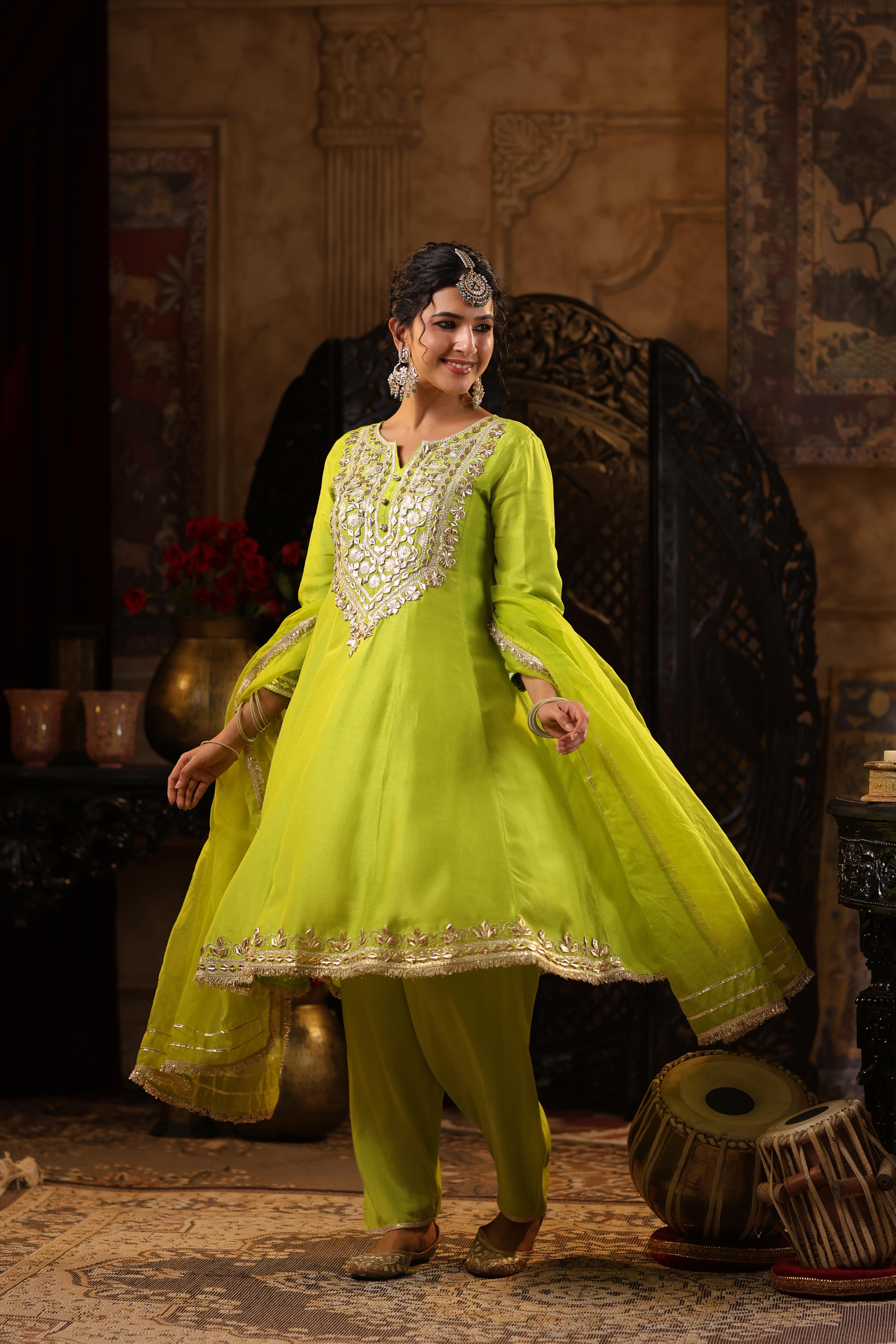 Lime Green Dupion Silk Gota Work Anarkali Set