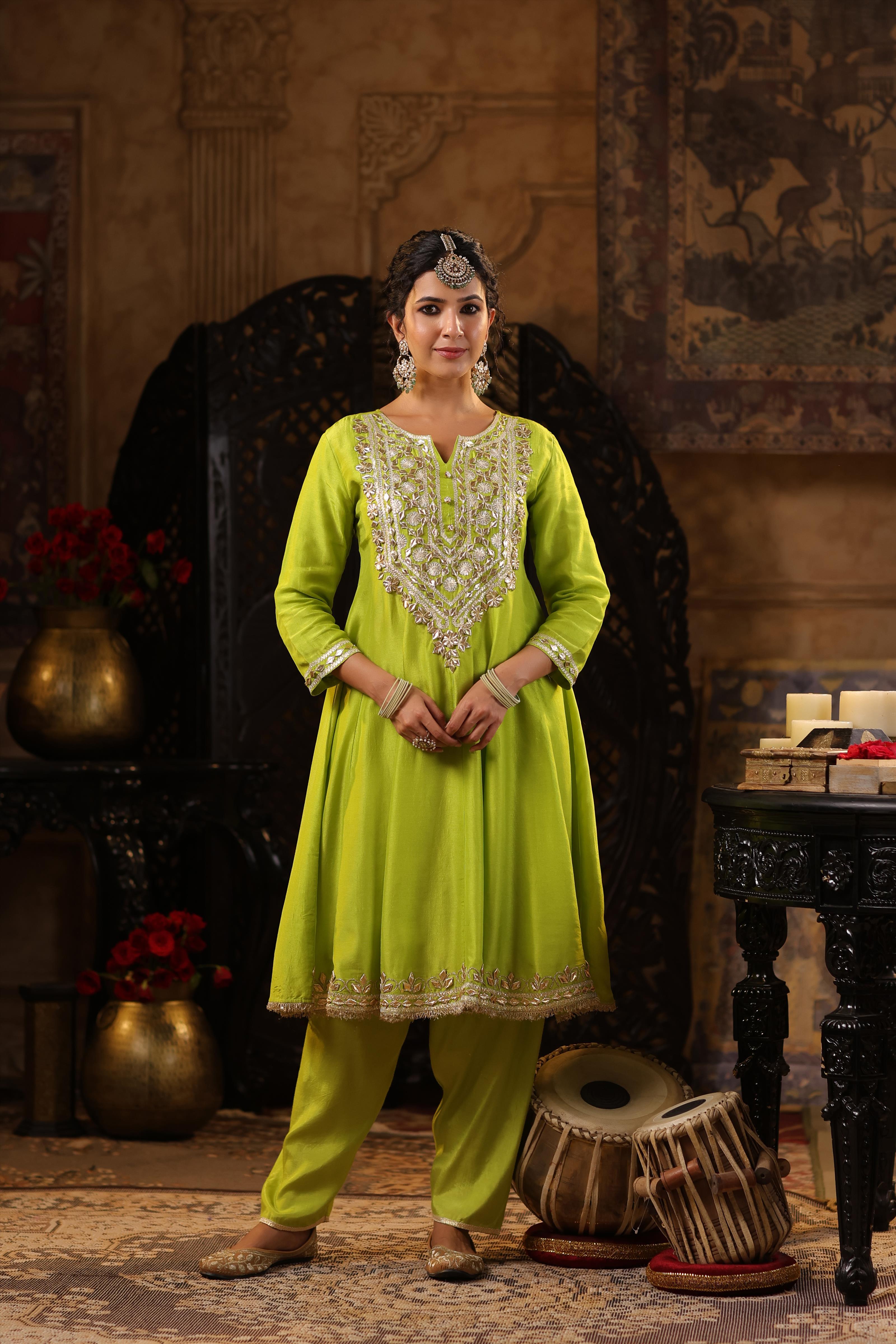 Lime Green Dupion Silk Gota Work Anarkali Set