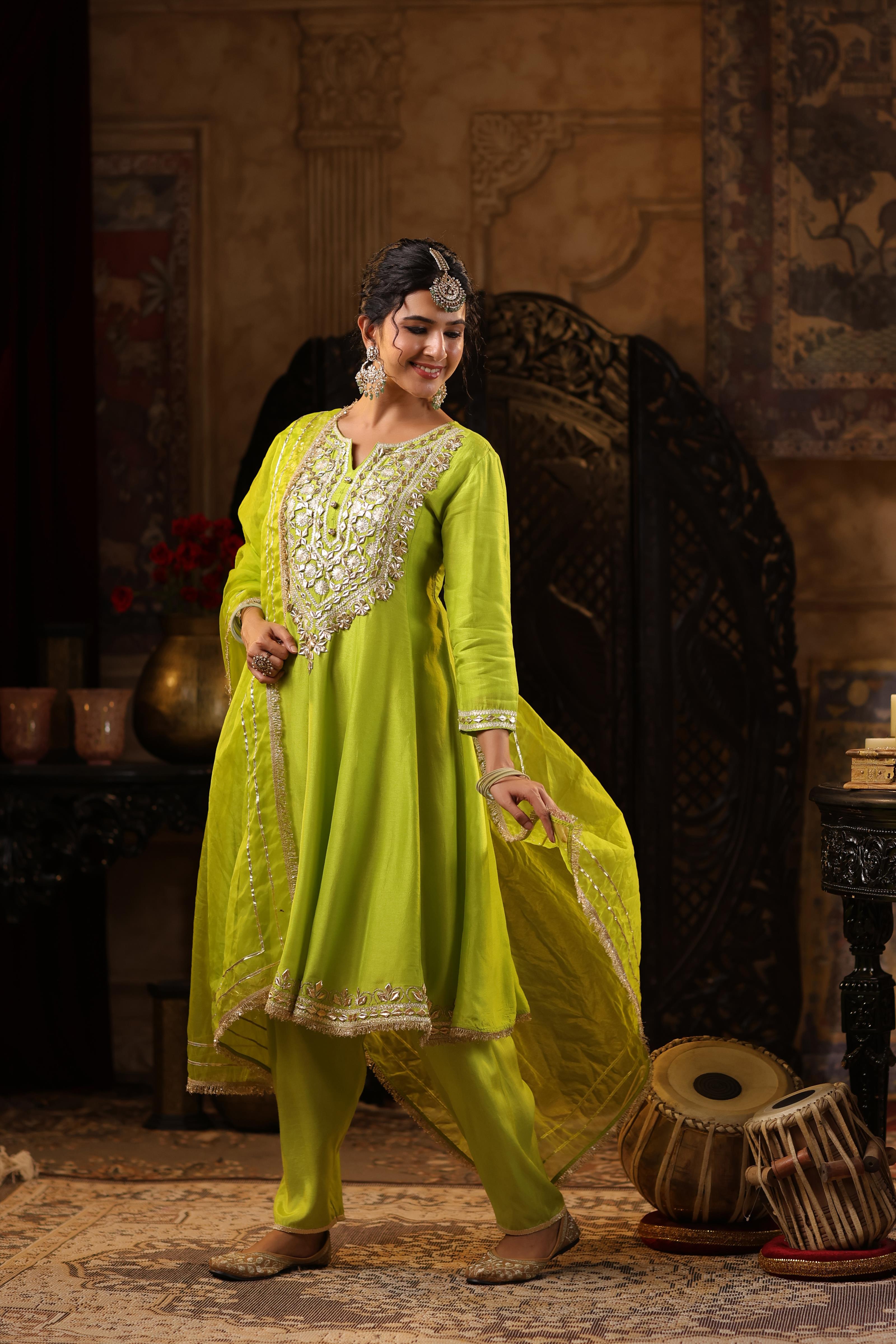 Lime Green Dupion Silk Gota Work Anarkali Set