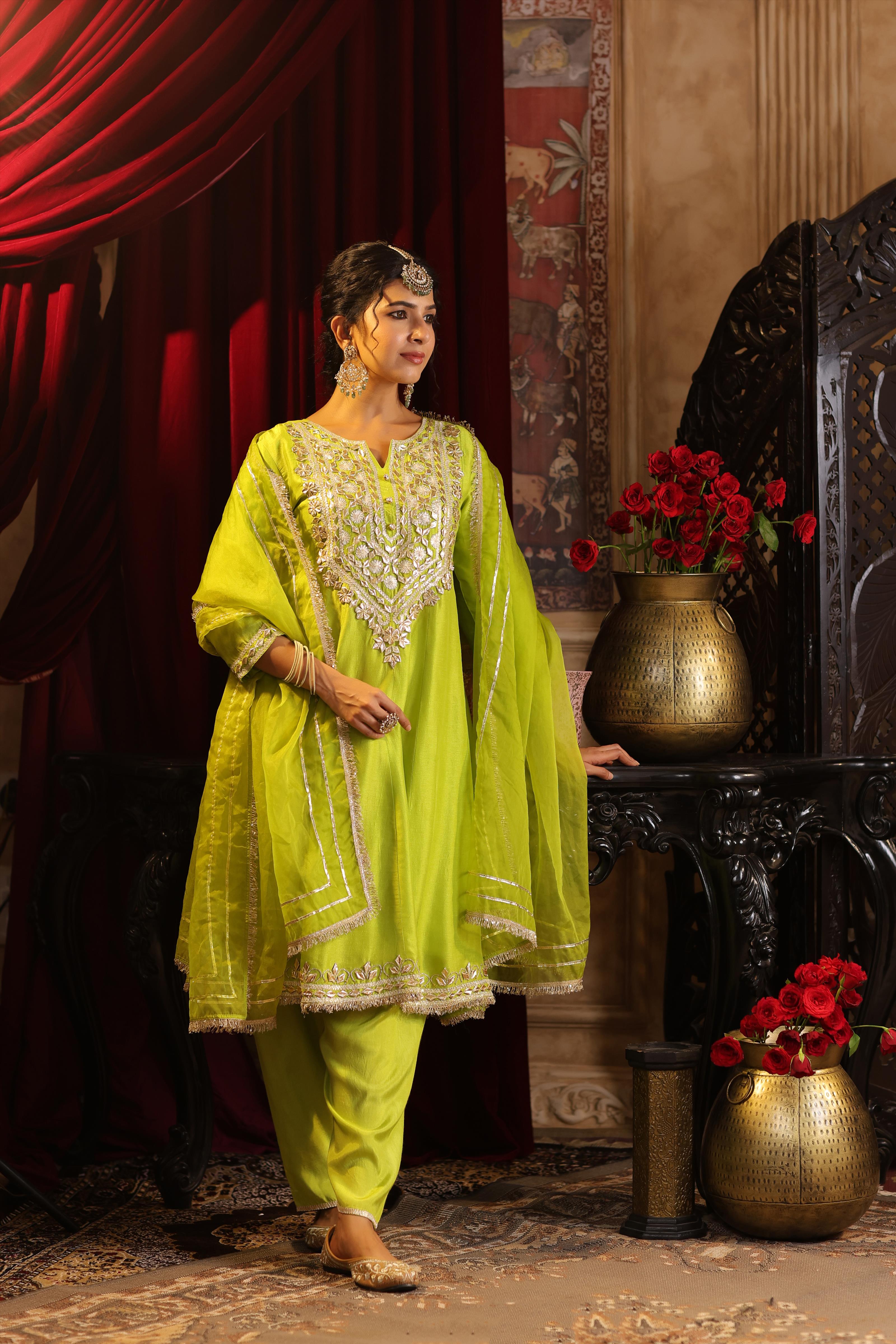 Lime Green Dupion Silk Gota Work Anarkali Set