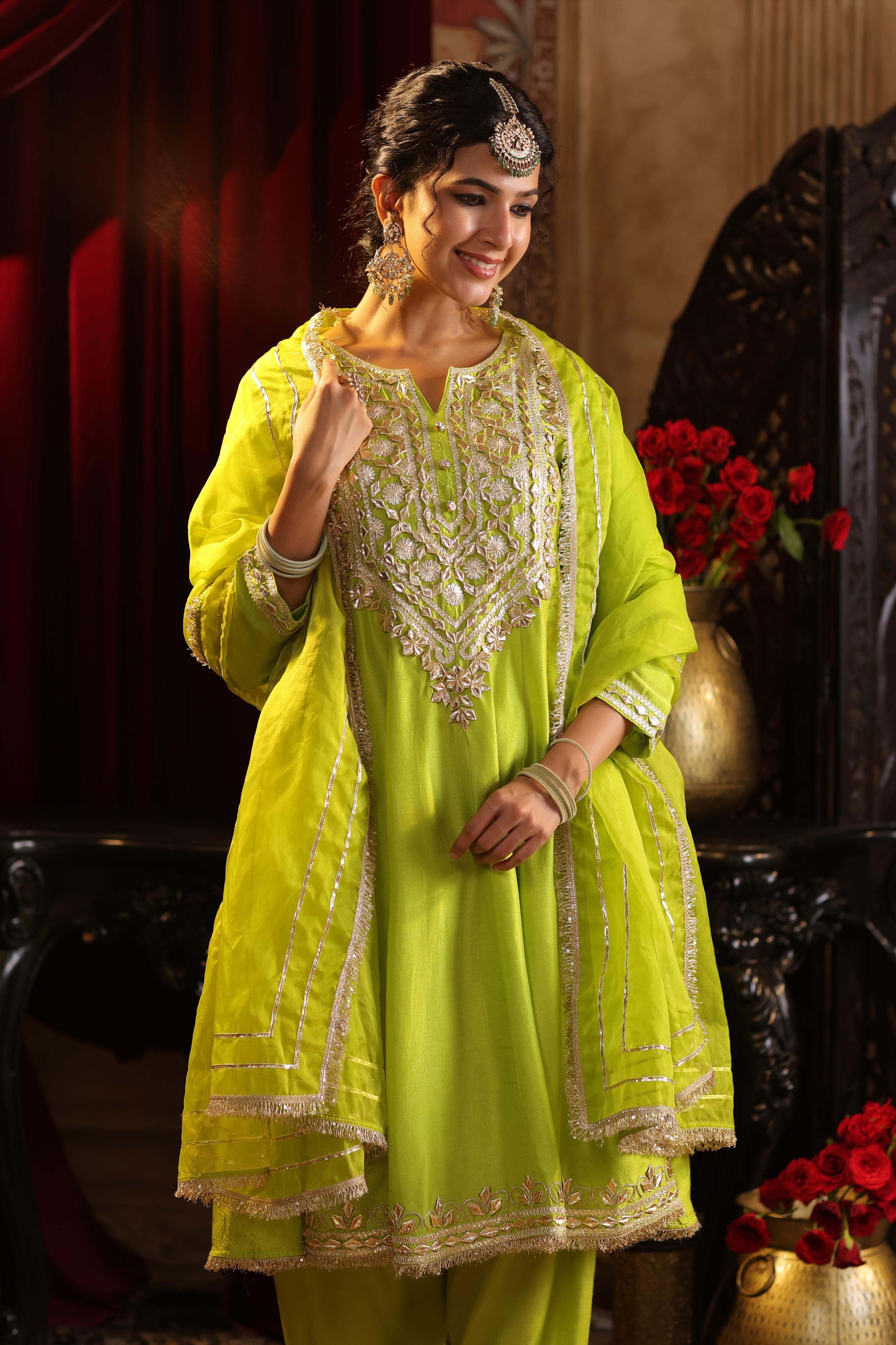 Lime Green Dupion Silk Gota Work Anarkali Set