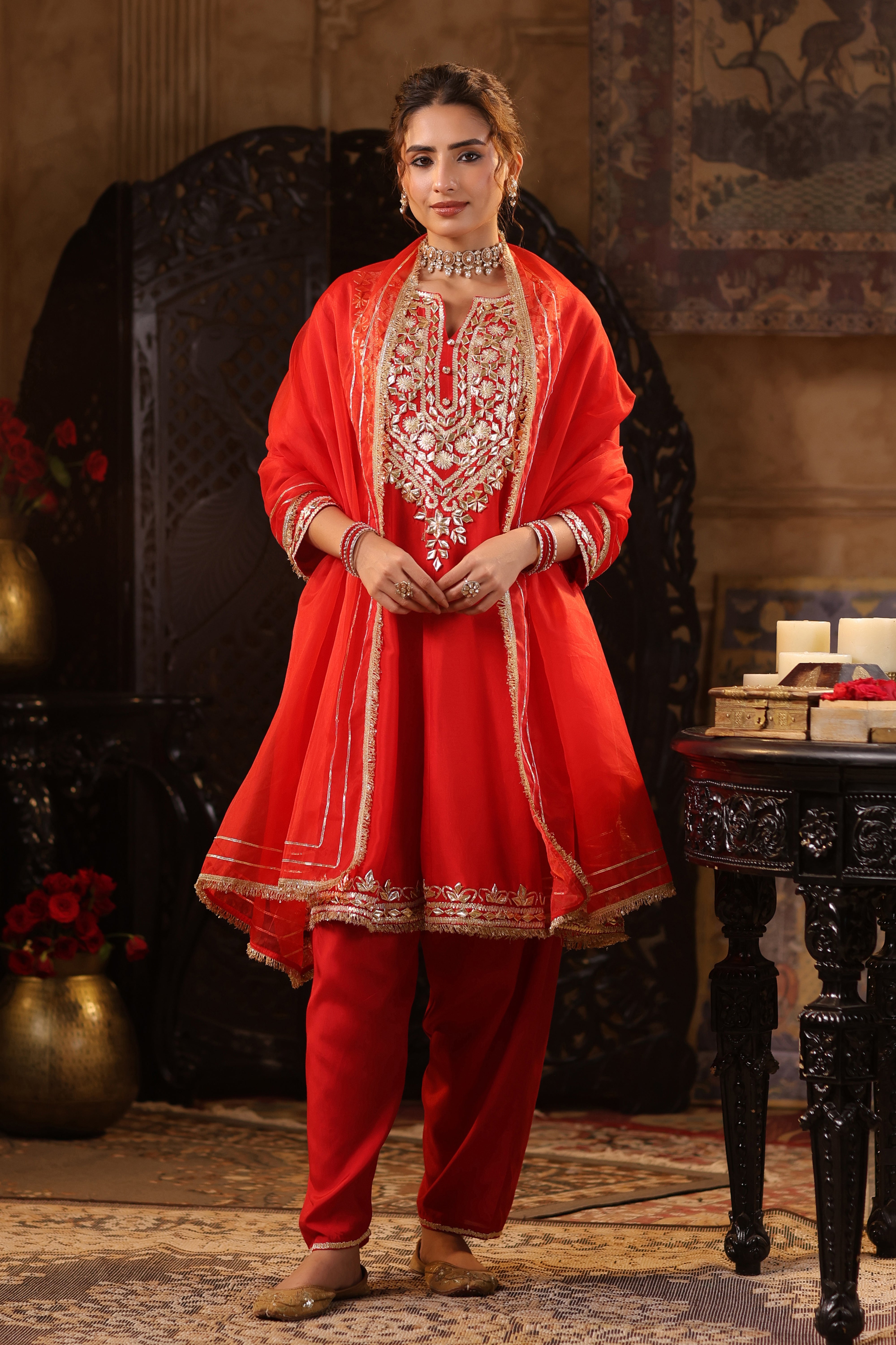 Red Dupion Silk Gota Work Anarkali Set