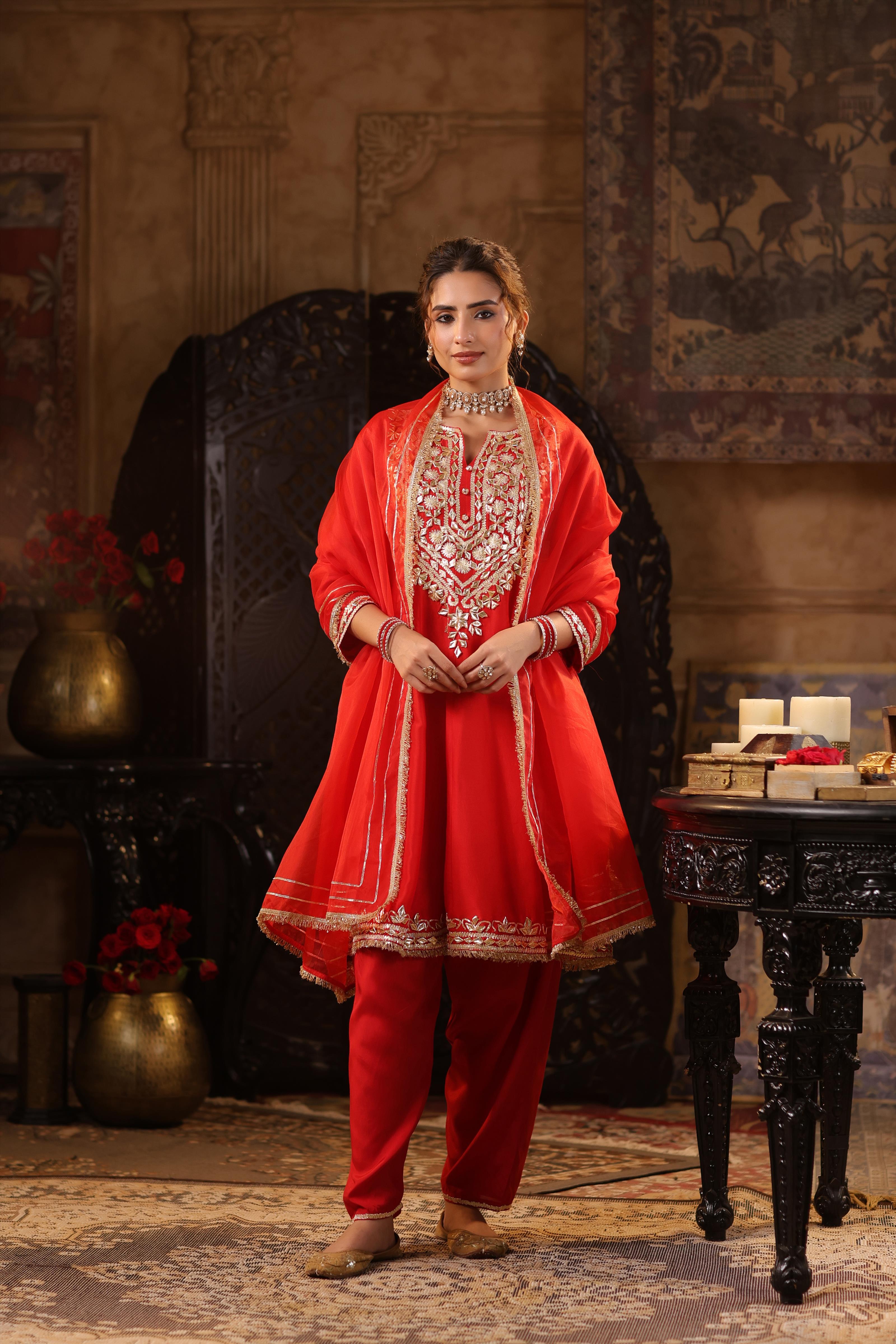 Red Dupion Silk Gota Work Anarkali Set