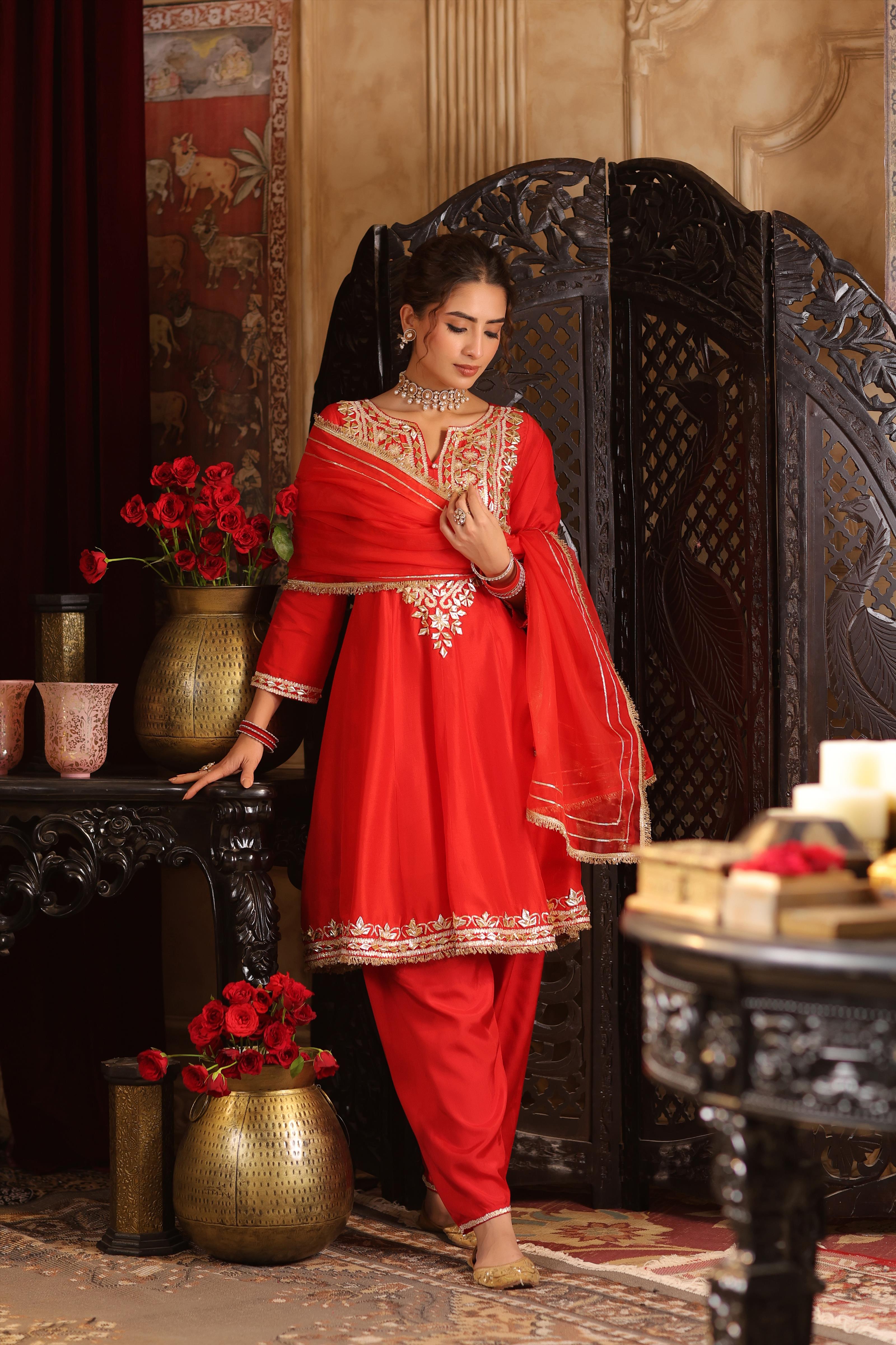 Red Dupion Silk Gota Work Anarkali Set