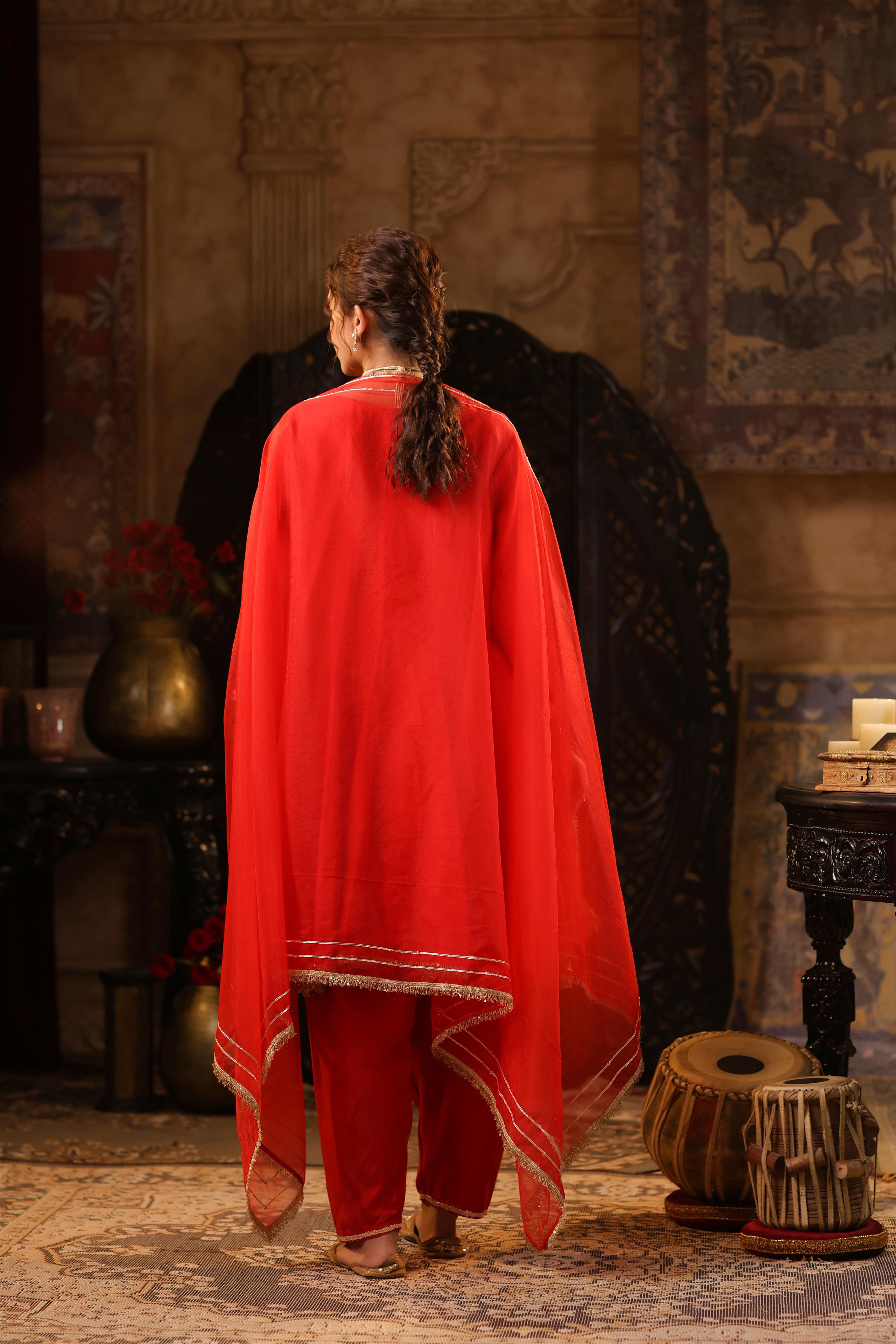 Red Dupion Silk Gota Work Anarkali Set