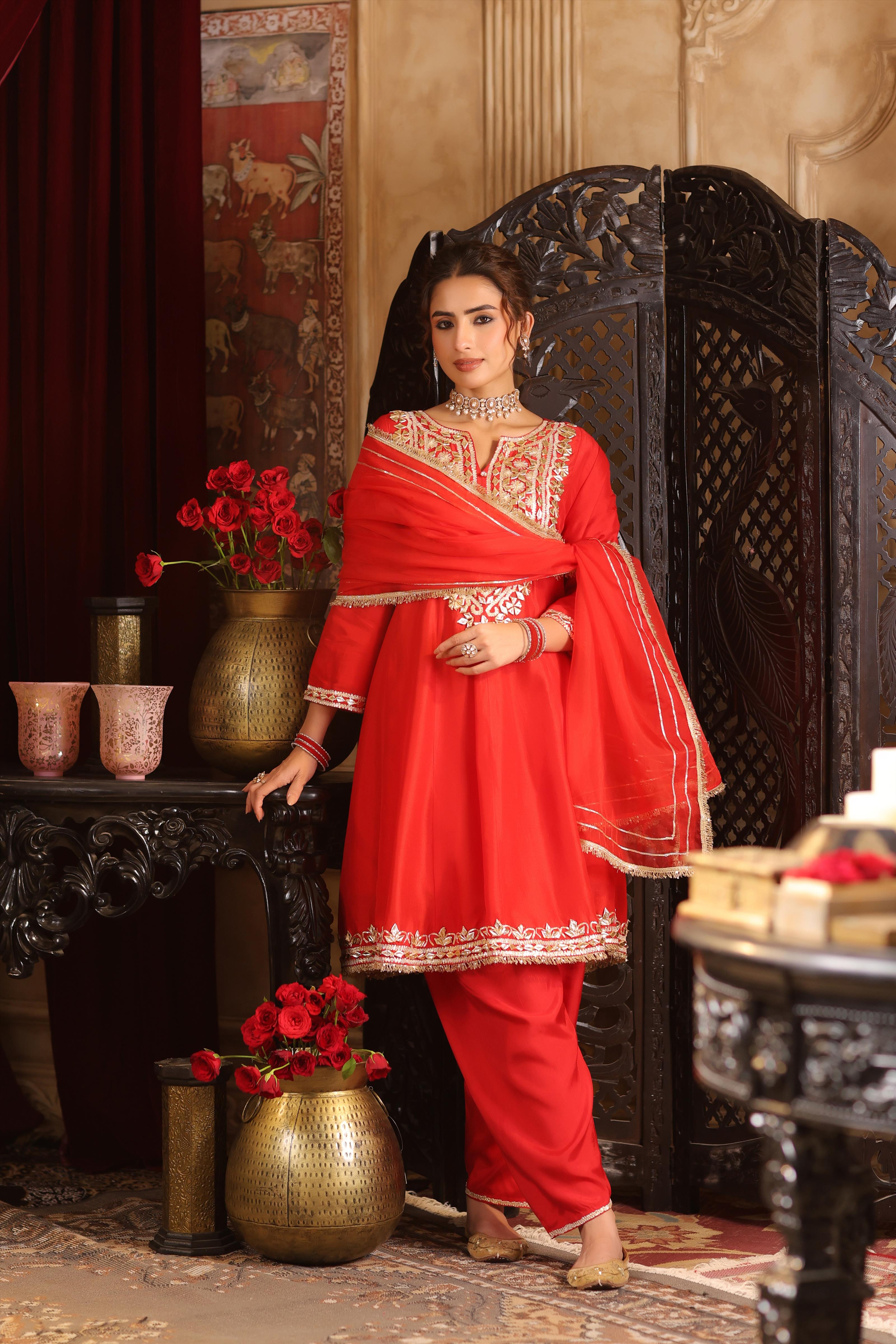 Red Dupion Silk Gota Work Anarkali Set