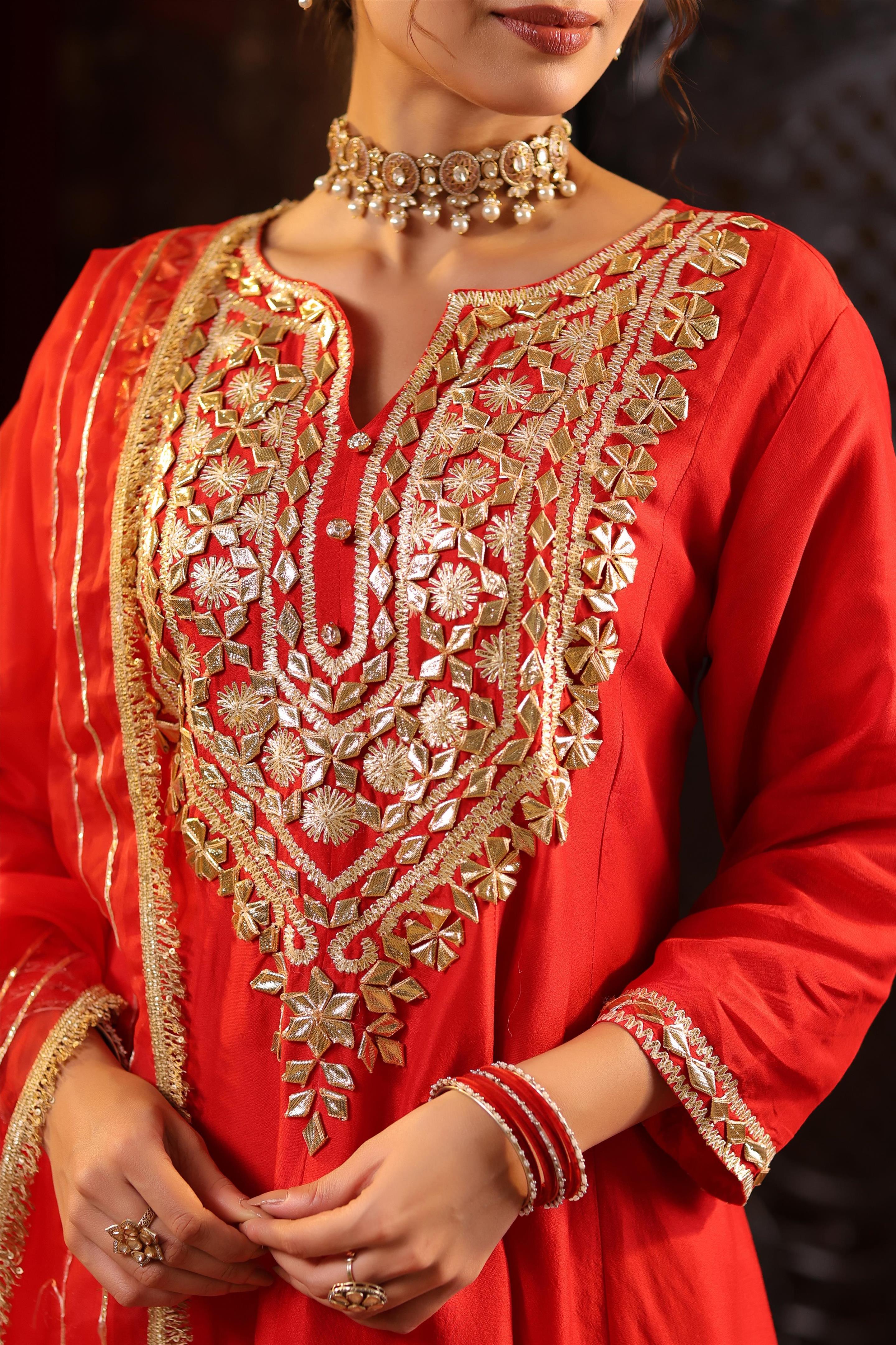 Red Dupion Silk Gota Work Anarkali Set