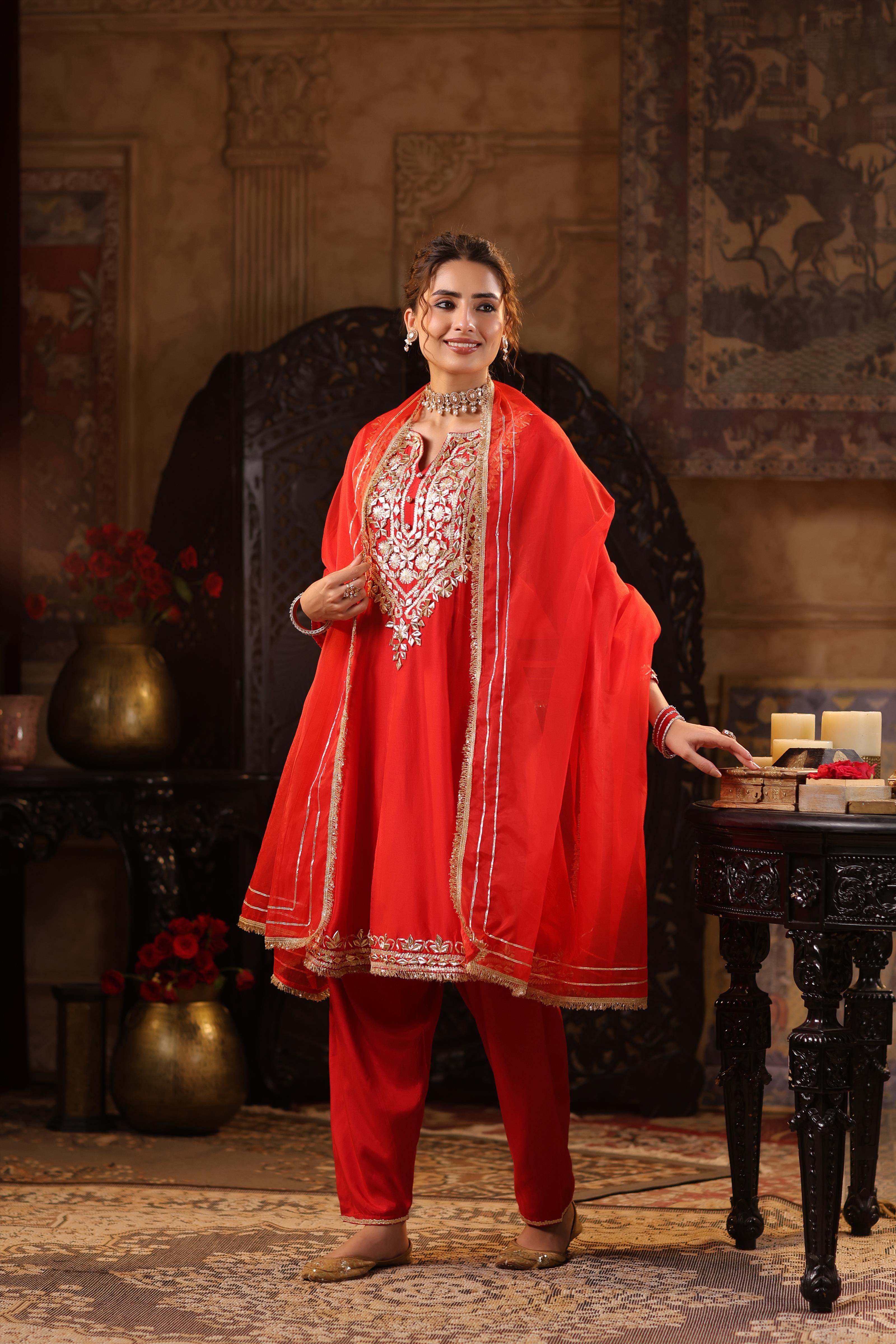 Red Dupion Silk Gota Work Anarkali Set