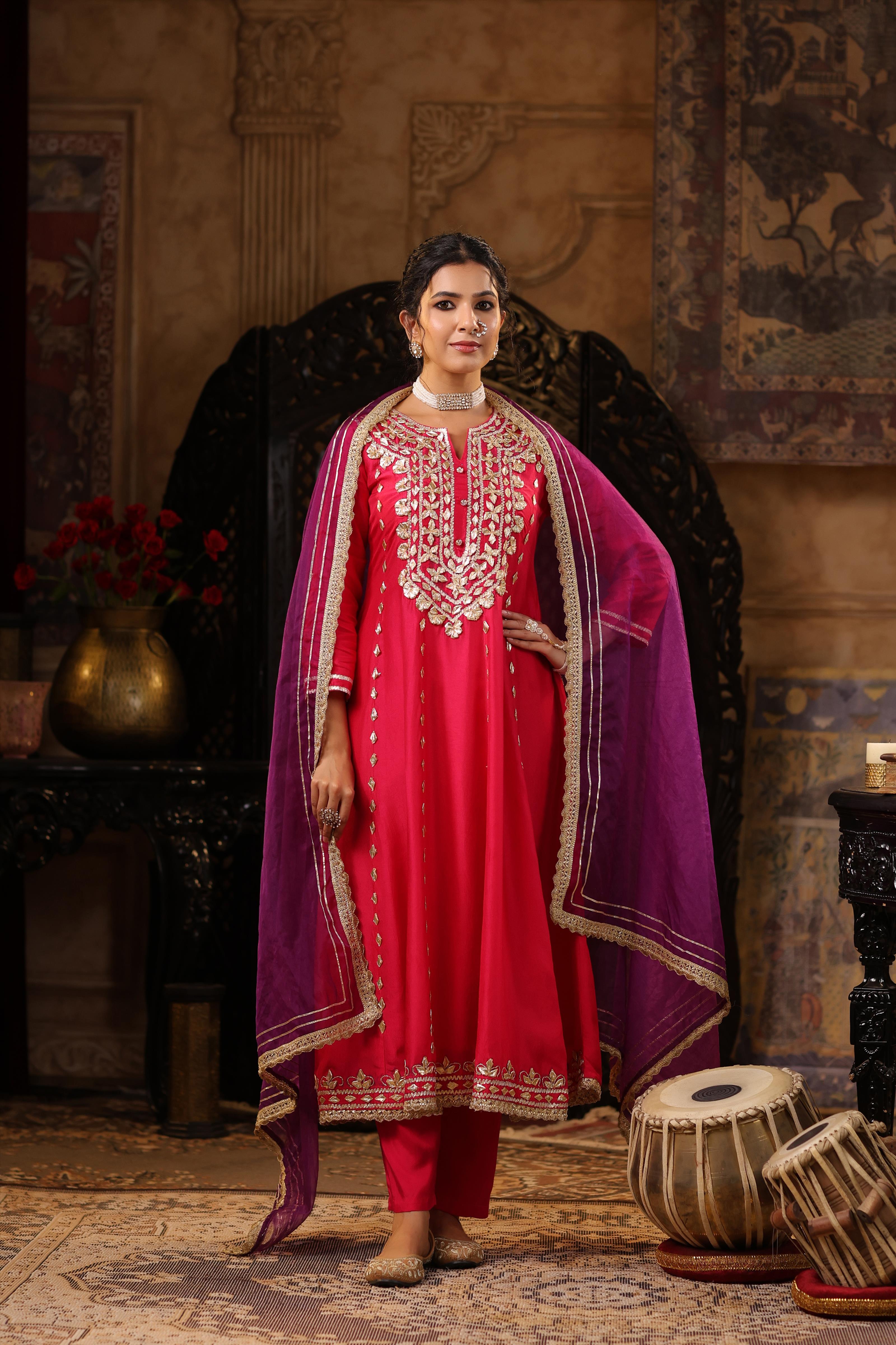 Fuchsia-Purple Dupion Silk Gota Work Anarkali Set