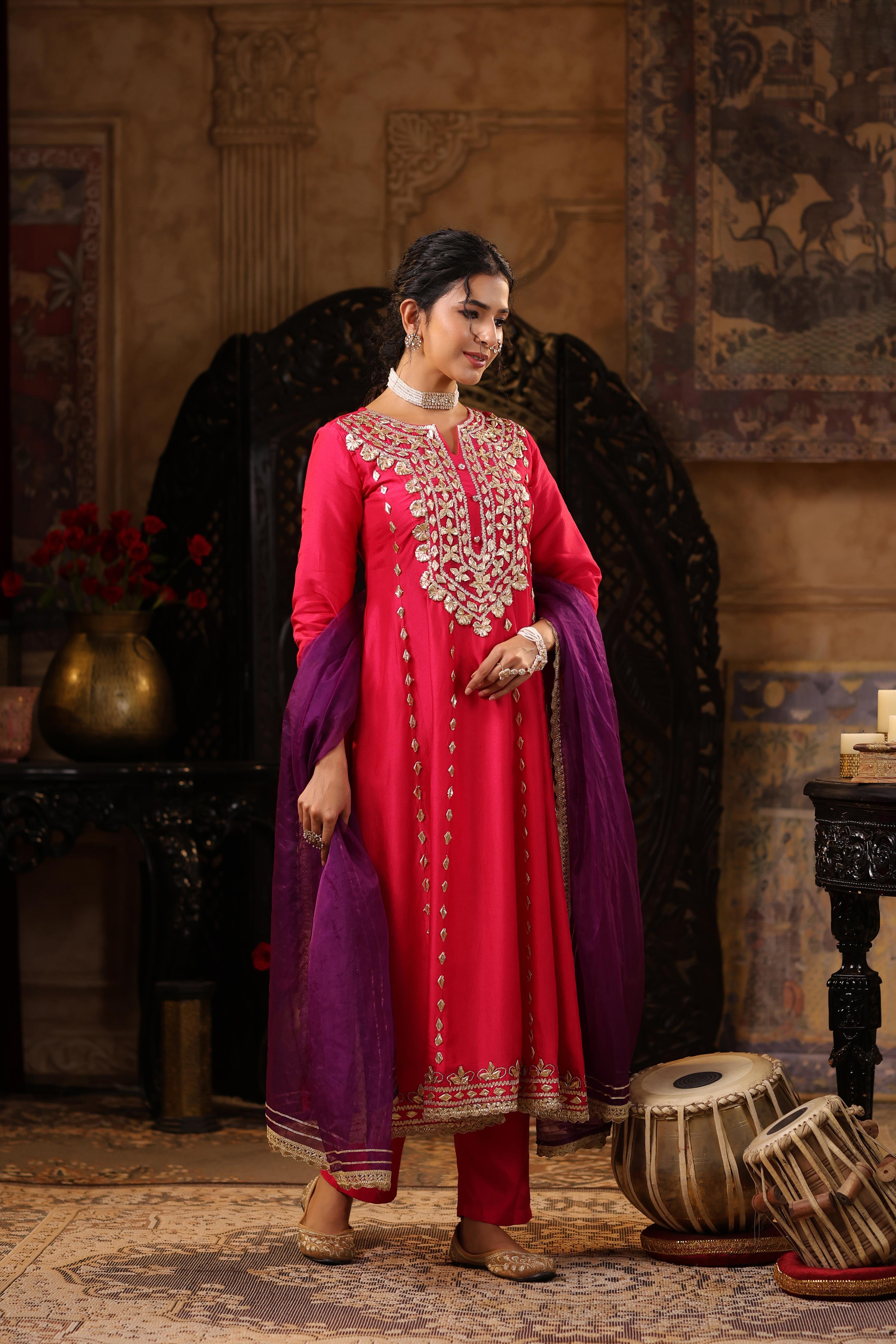 Fuchsia-Purple Dupion Silk Gota Work Anarkali Set