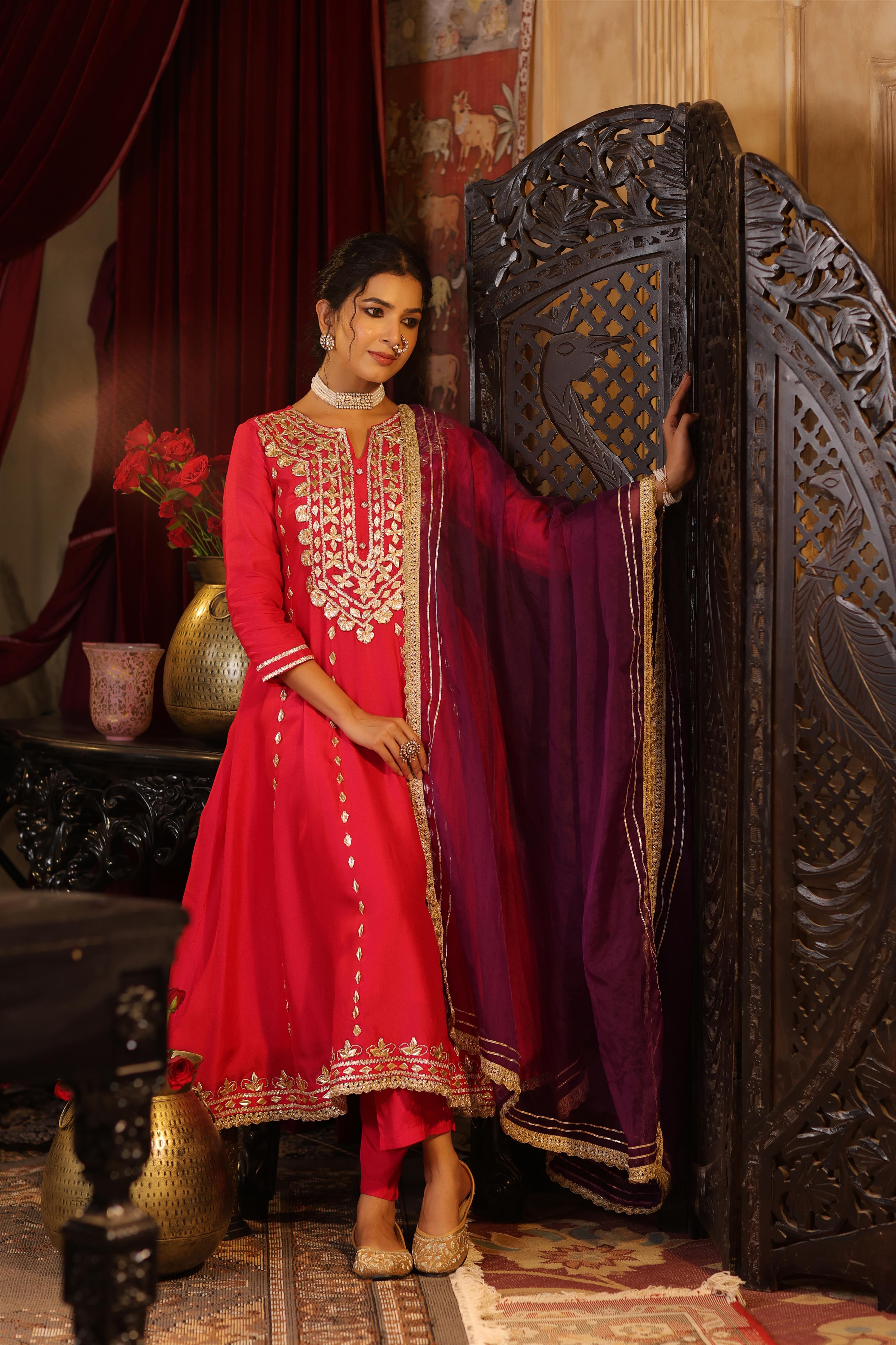 Fuchsia-Purple Dupion Silk Gota Work Anarkali Set