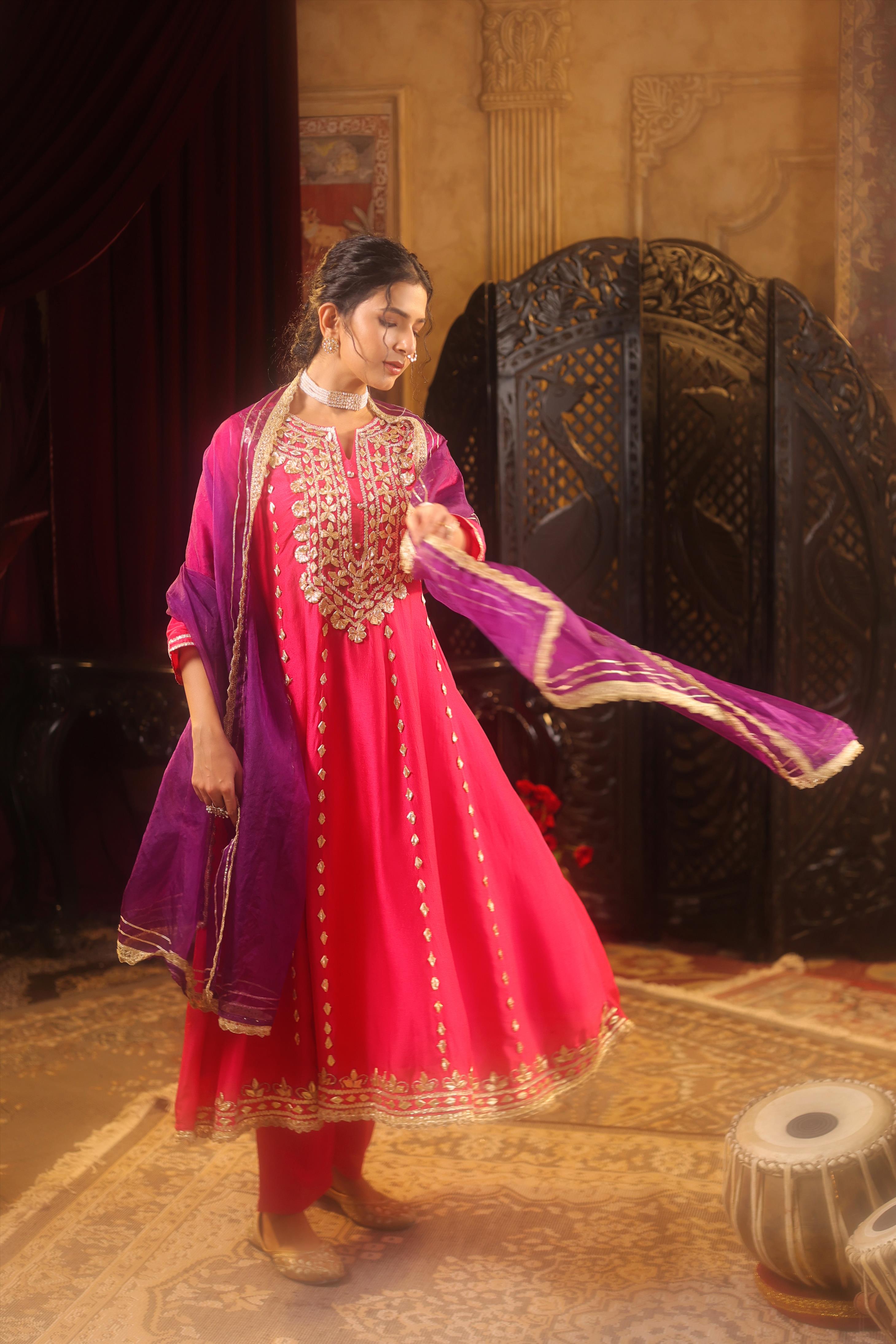 Fuchsia-Purple Dupion Silk Gota Work Anarkali Set