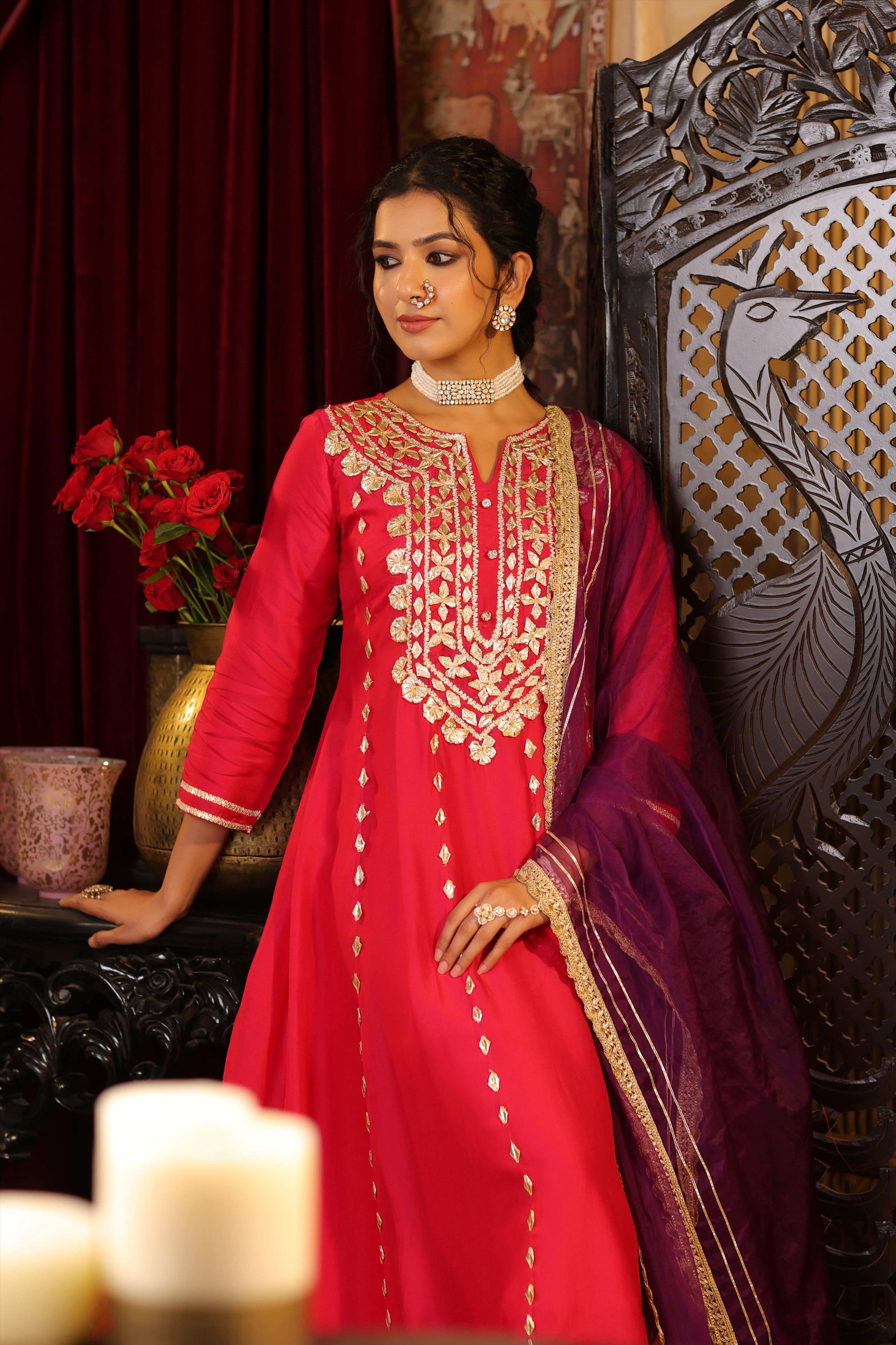 Fuchsia-Purple Dupion Silk Gota Work Anarkali Set