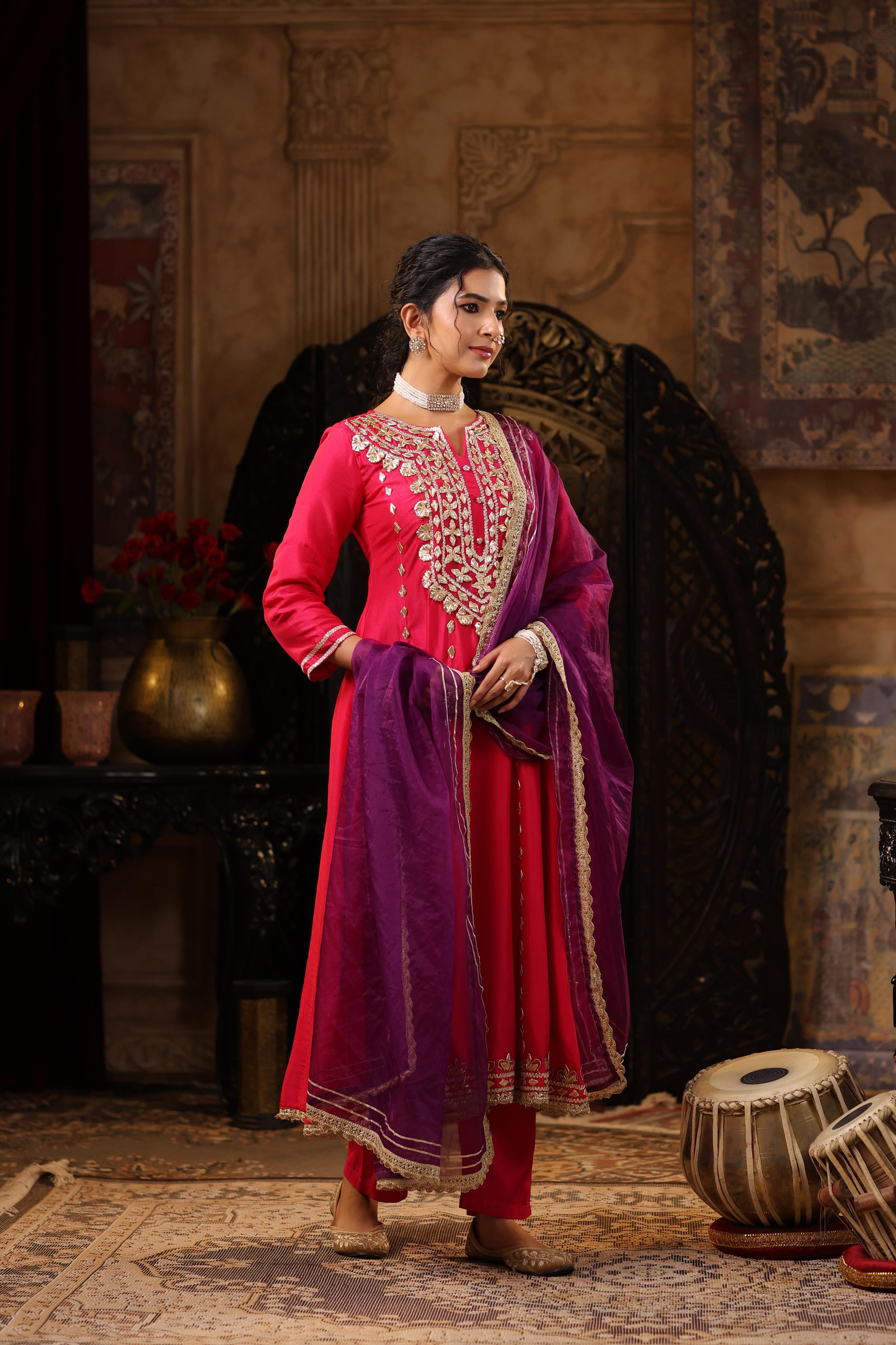 Fuchsia-Purple Dupion Silk Gota Work Anarkali Set