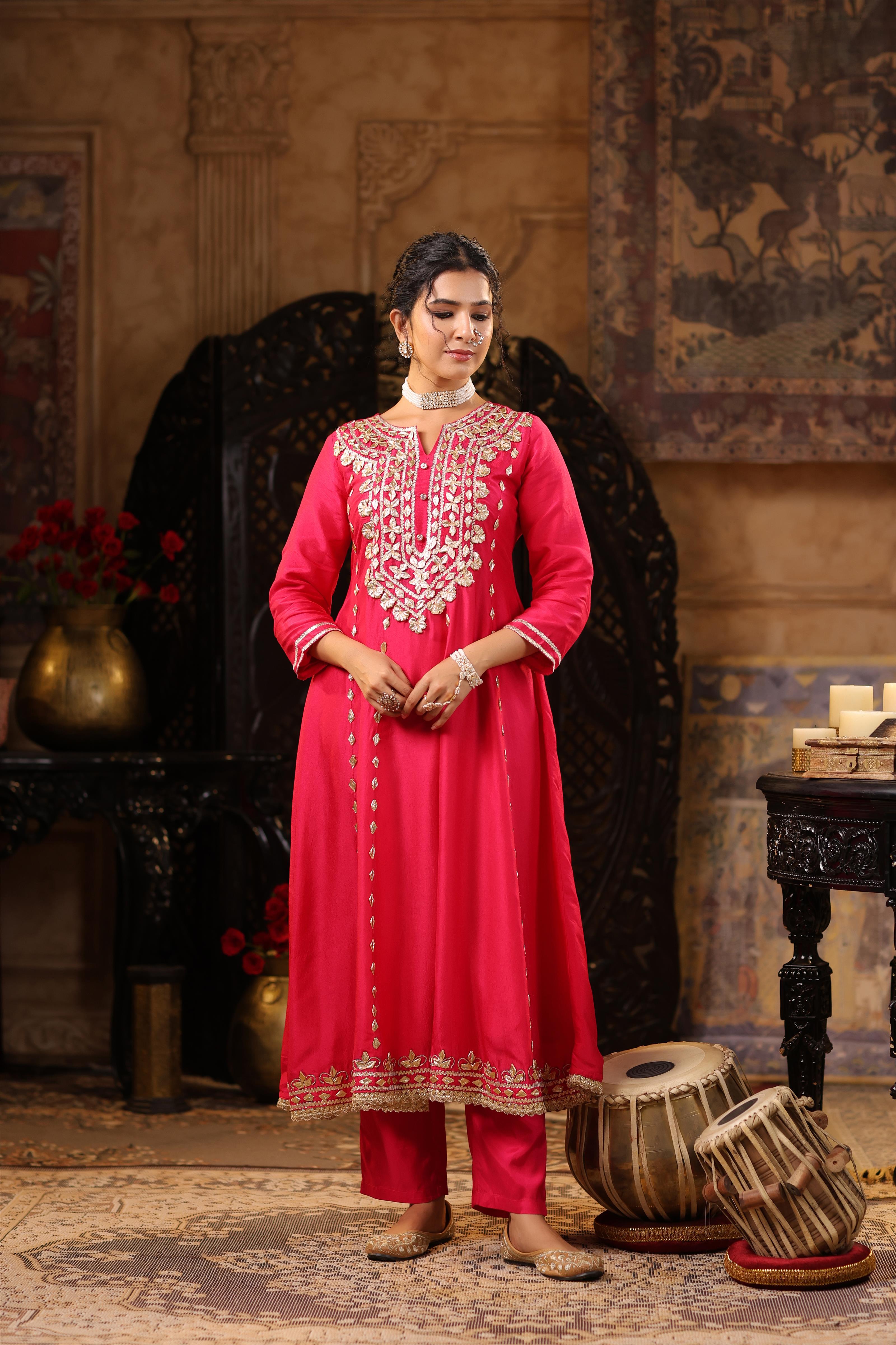 Fuchsia-Purple Dupion Silk Gota Work Anarkali Set