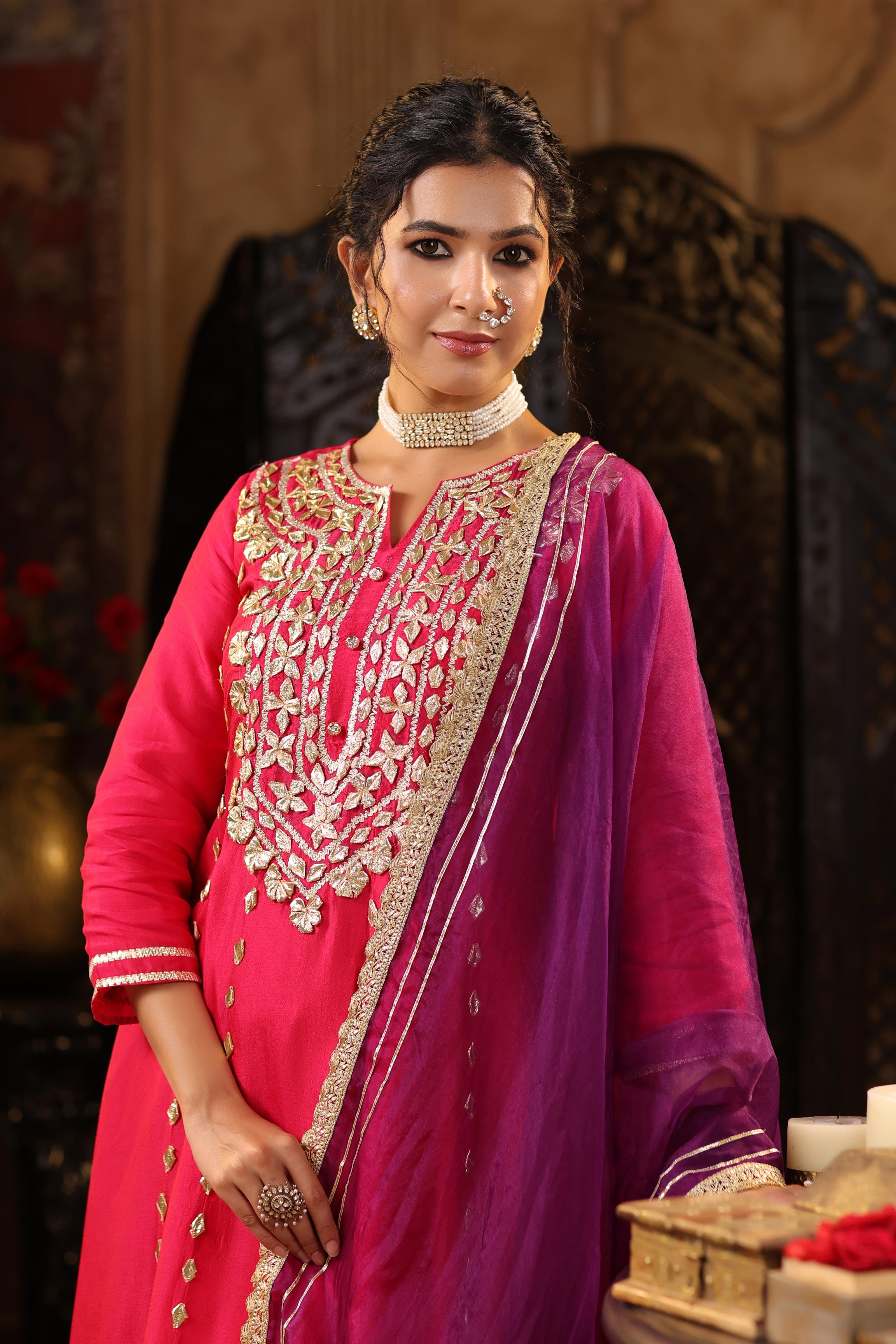 Fuchsia-Purple Dupion Silk Gota Work Anarkali Set