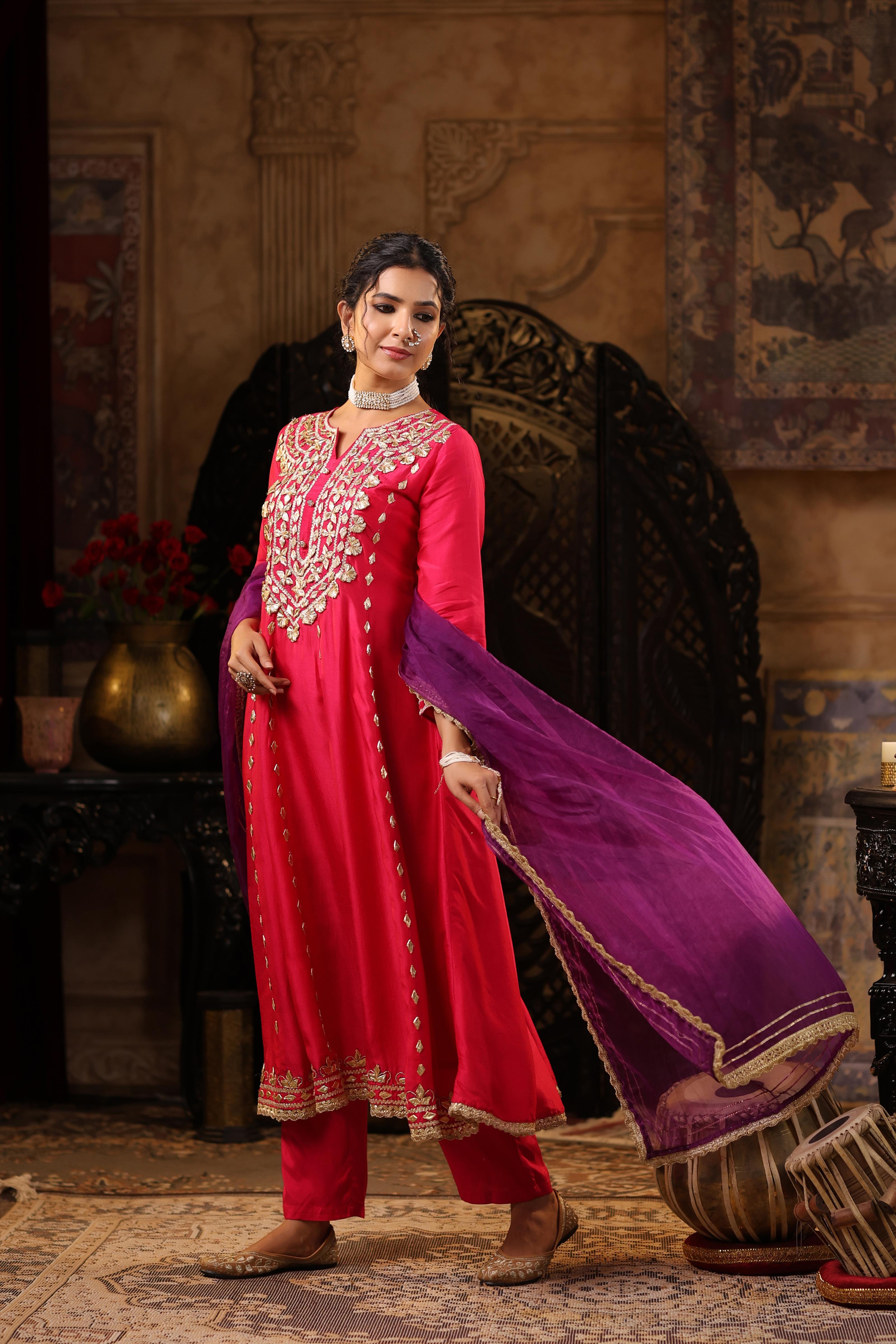 Fuchsia-Purple Dupion Silk Gota Work Anarkali Set