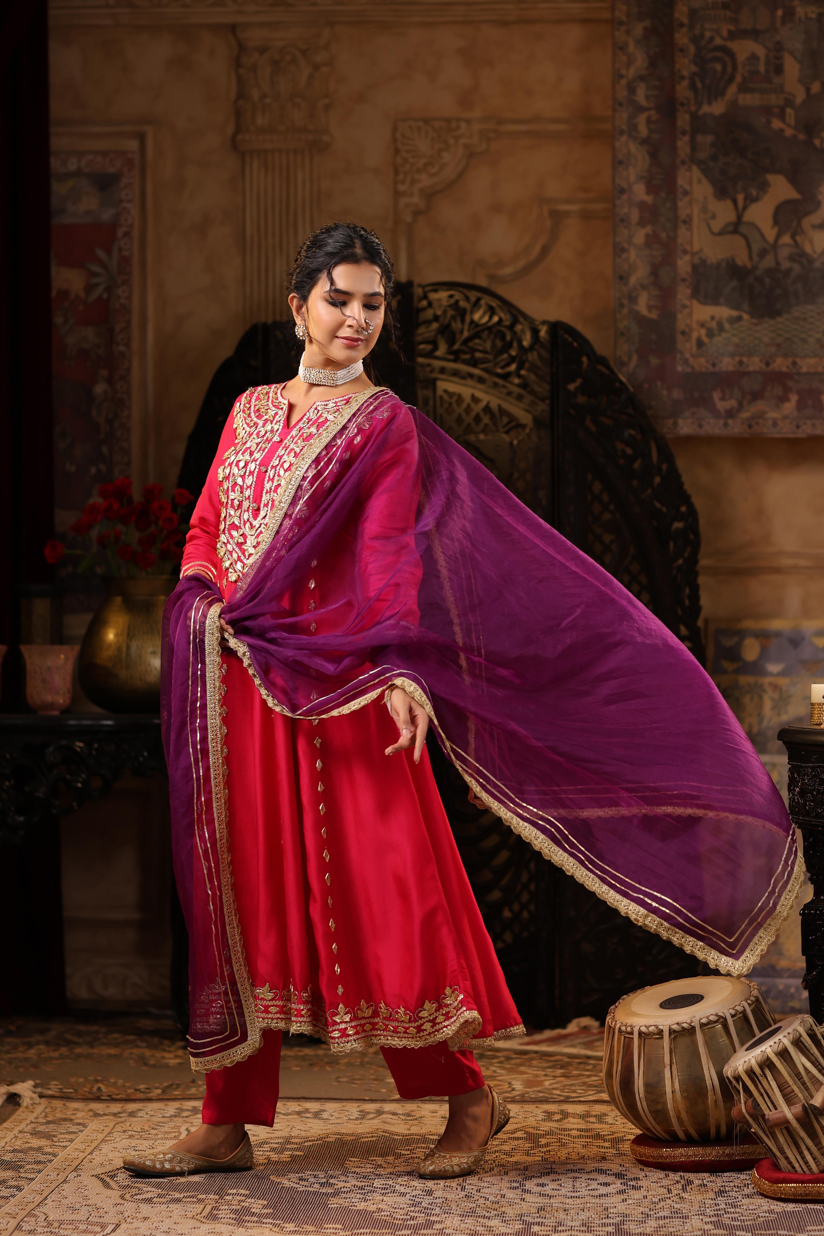 Fuchsia-Purple Dupion Silk Gota Work Anarkali Set