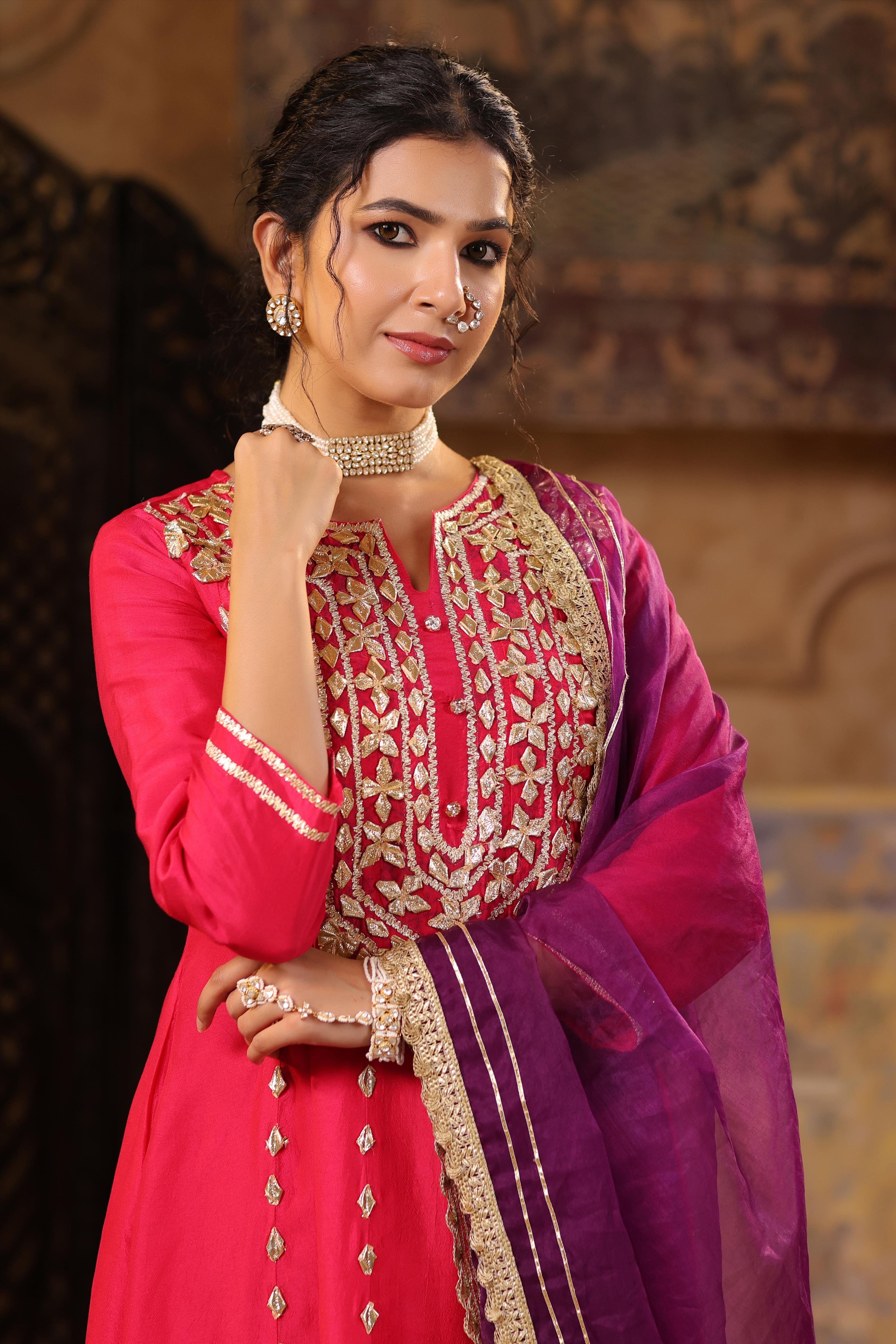 Fuchsia-Purple Dupion Silk Gota Work Anarkali Set