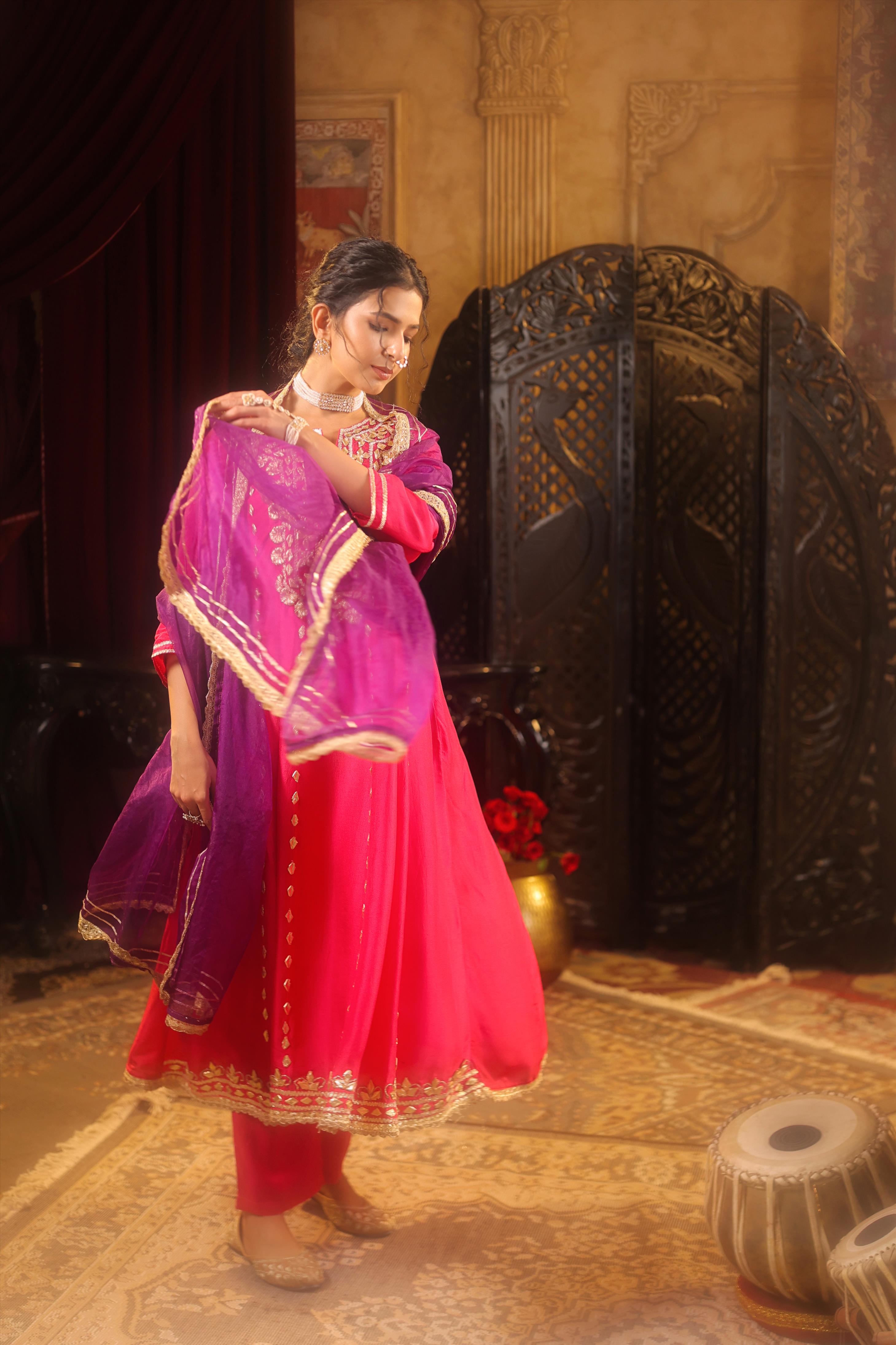 Fuchsia-Purple Dupion Silk Gota Work Anarkali Set