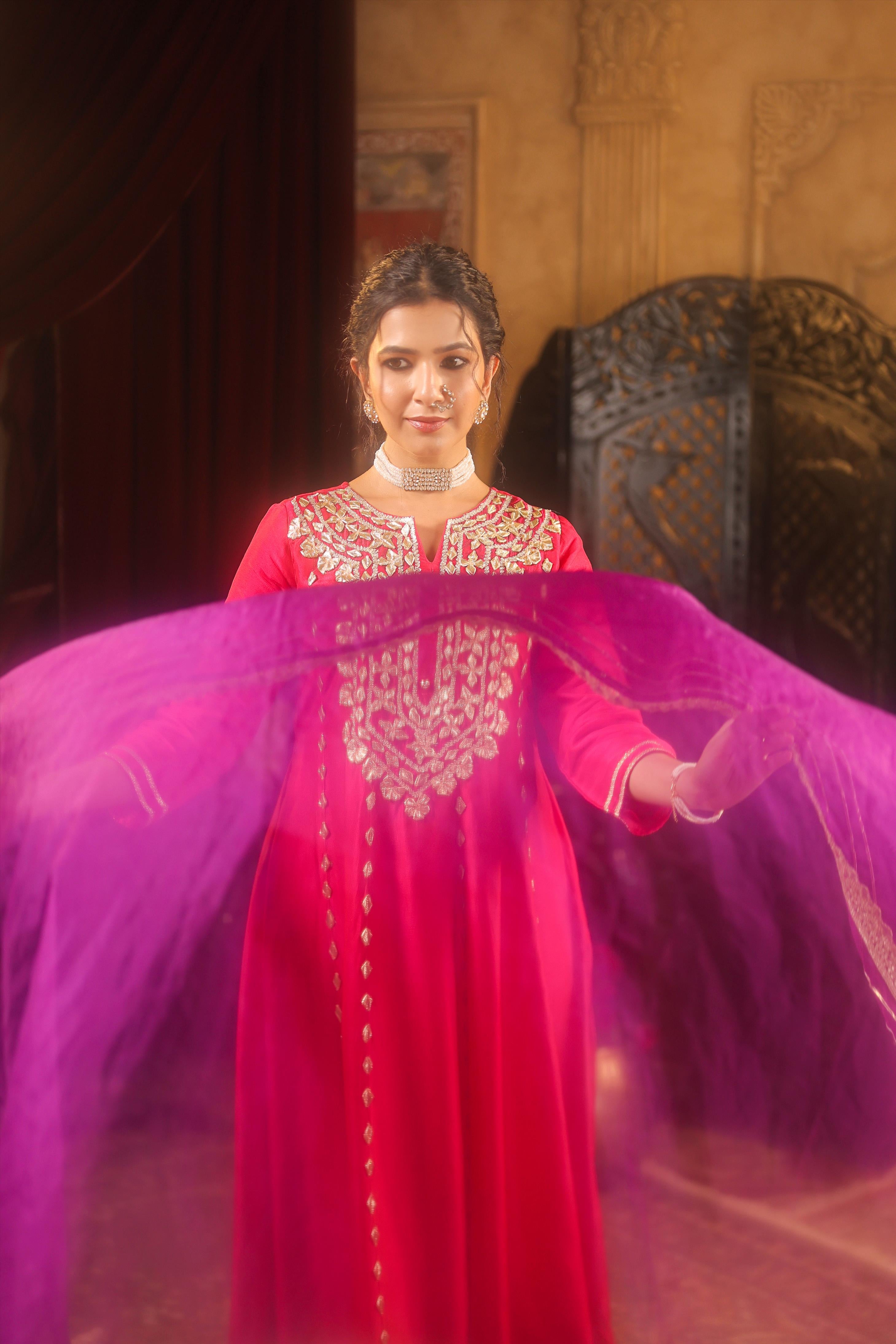 Fuchsia-Purple Dupion Silk Gota Work Anarkali Set