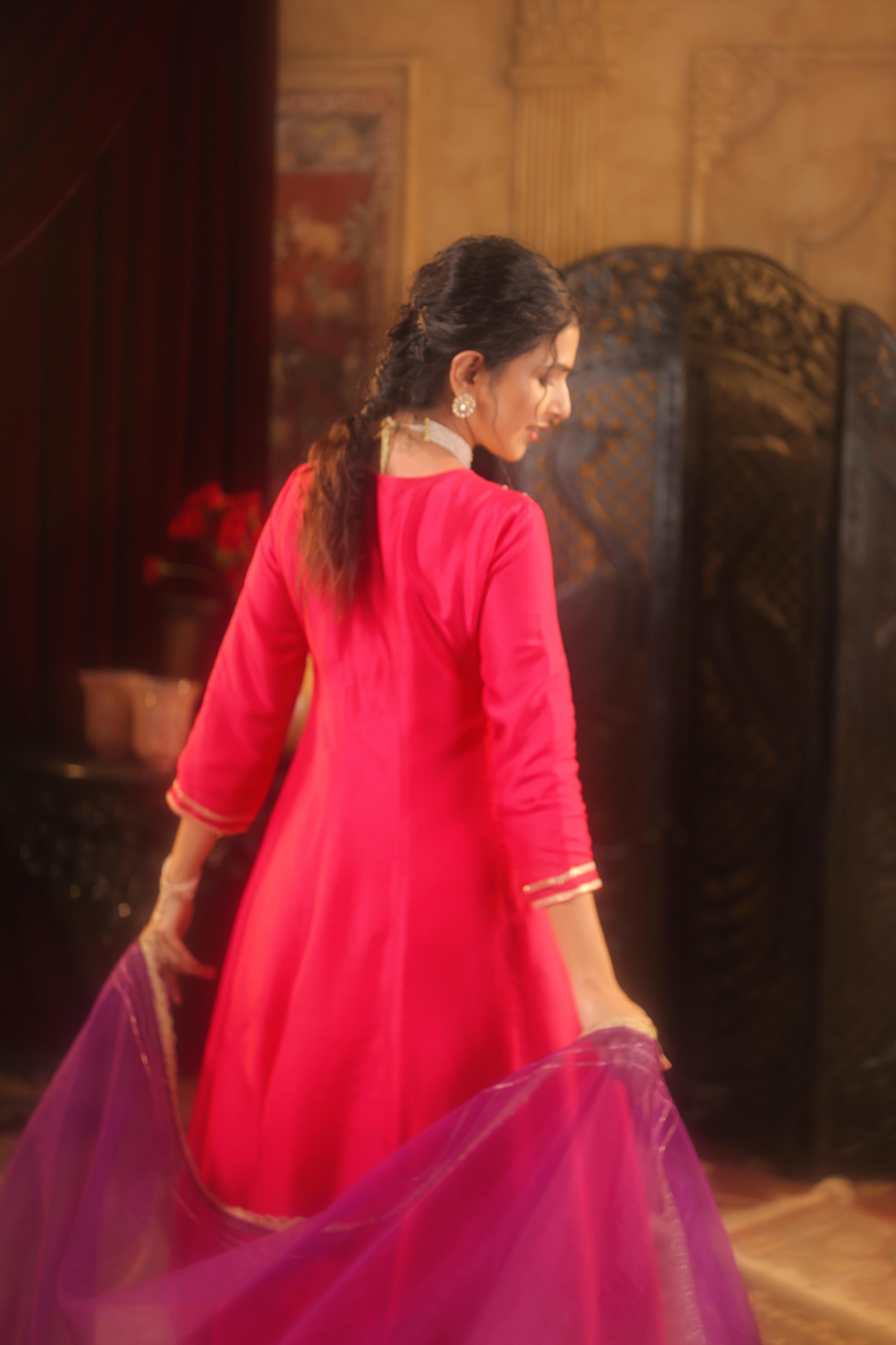 Fuchsia-Purple Dupion Silk Gota Work Anarkali Set