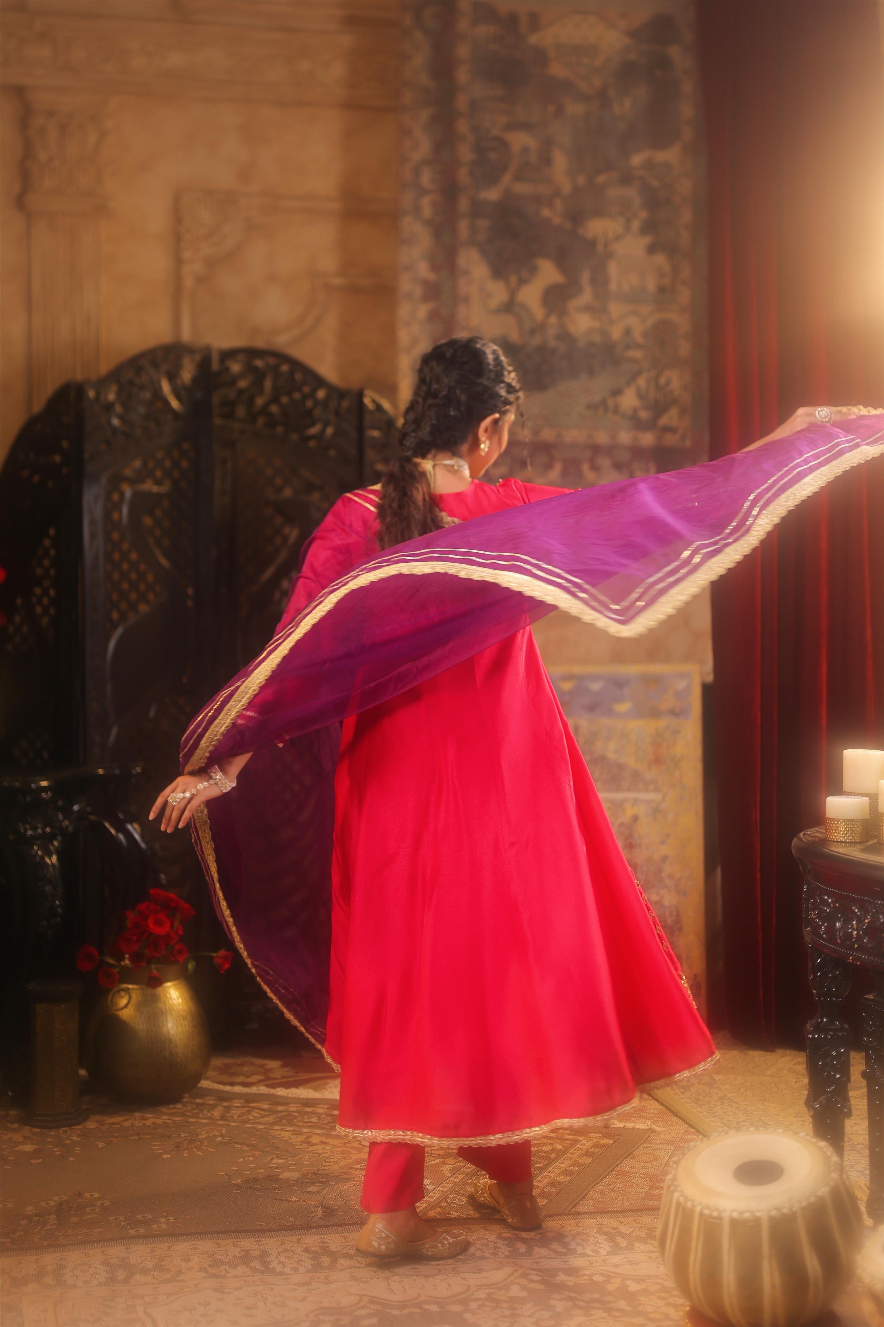 Fuchsia-Purple Dupion Silk Gota Work Anarkali Set