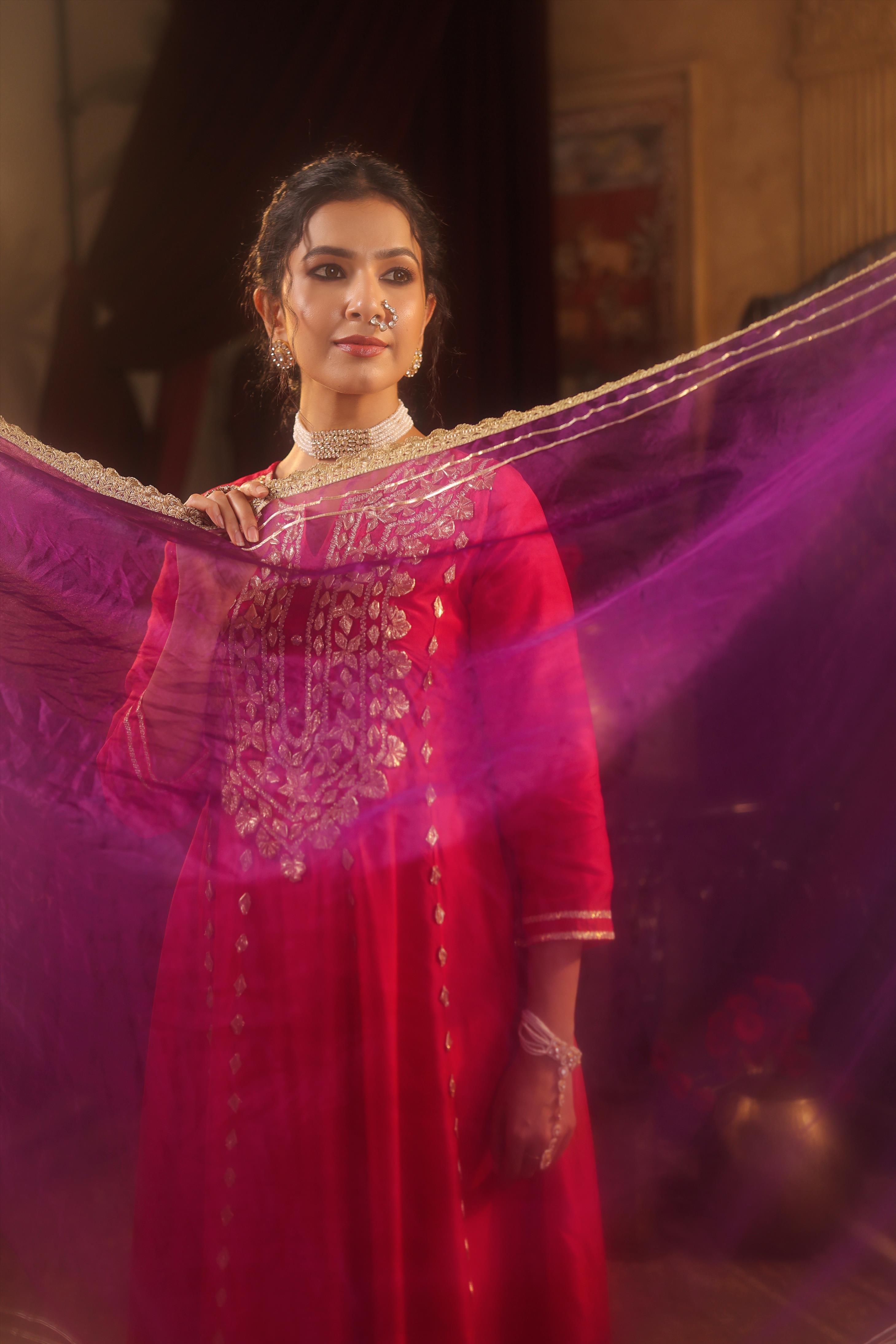 Fuchsia-Purple Dupion Silk Gota Work Anarkali Set