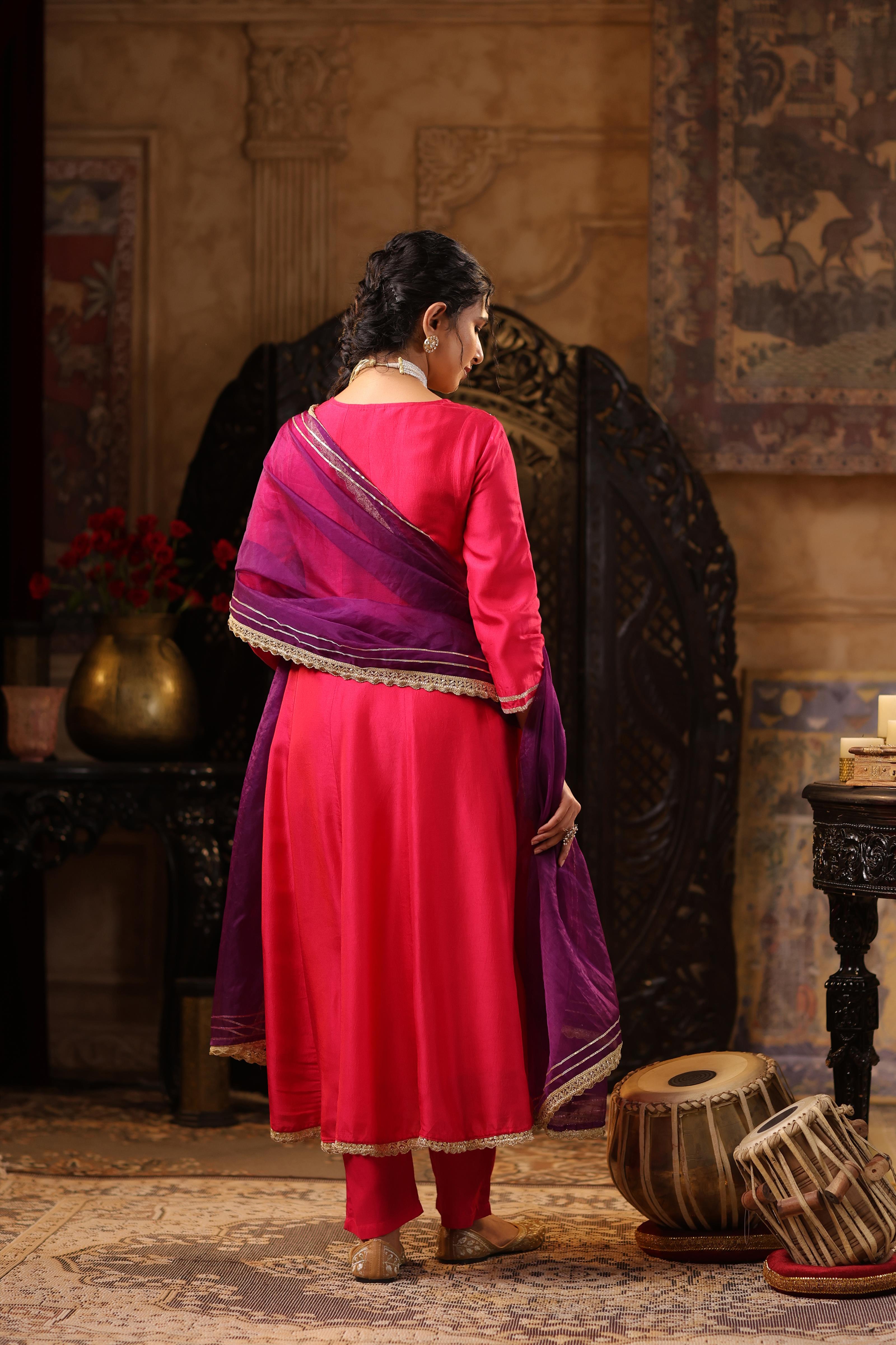 Fuchsia-Purple Dupion Silk Gota Work Anarkali Set