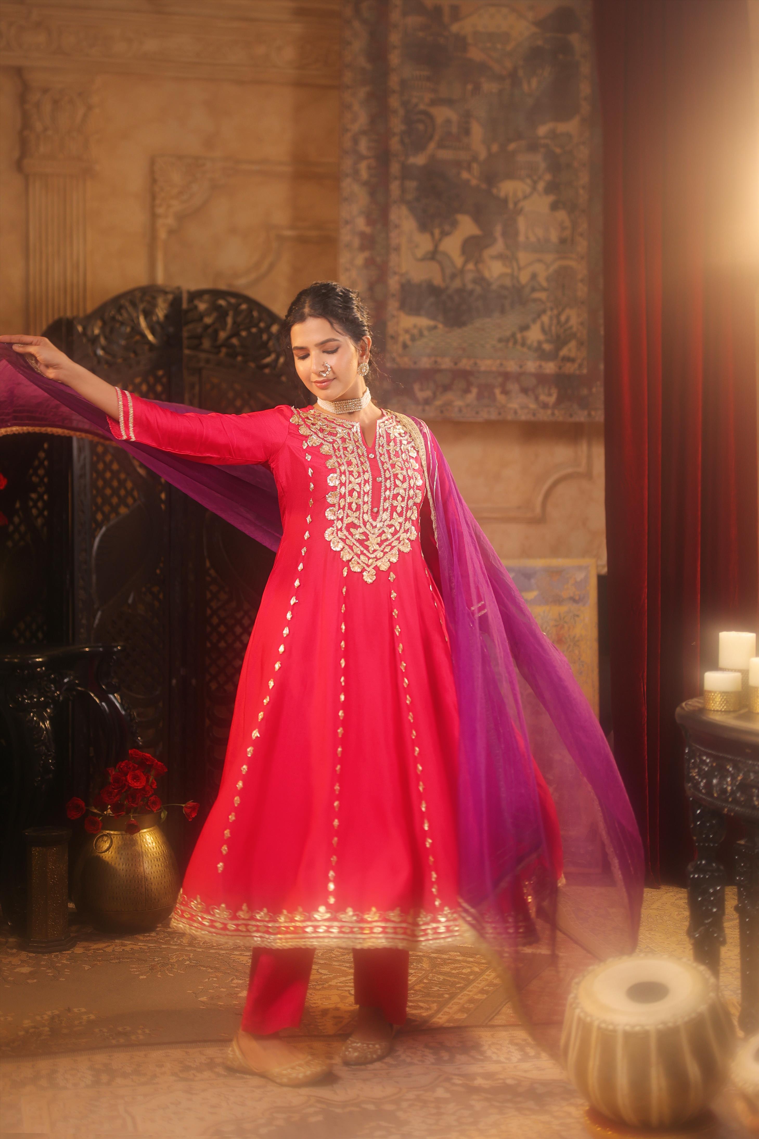 Fuchsia-Purple Dupion Silk Gota Work Anarkali Set