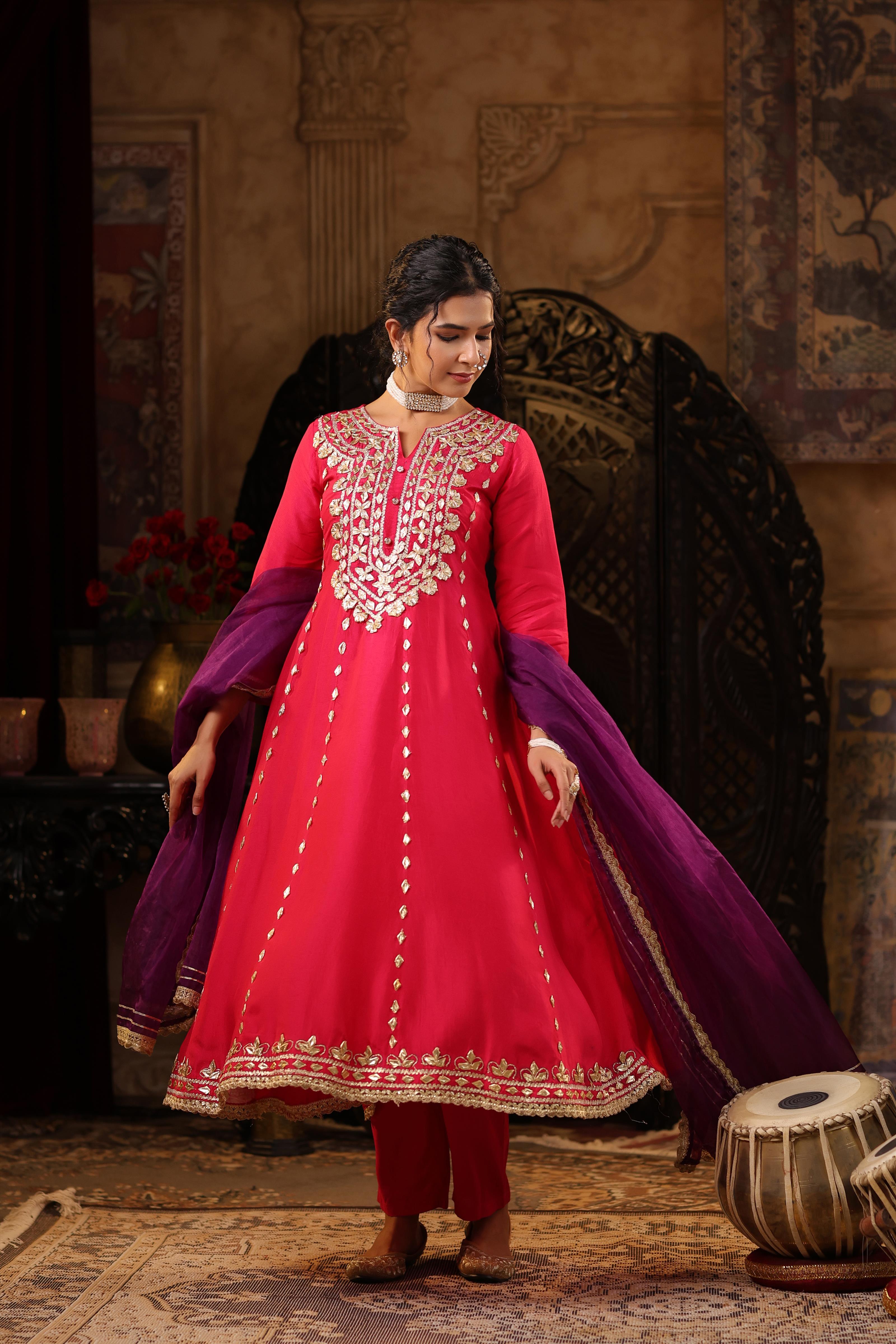 Fuchsia-Purple Dupion Silk Gota Work Anarkali Set