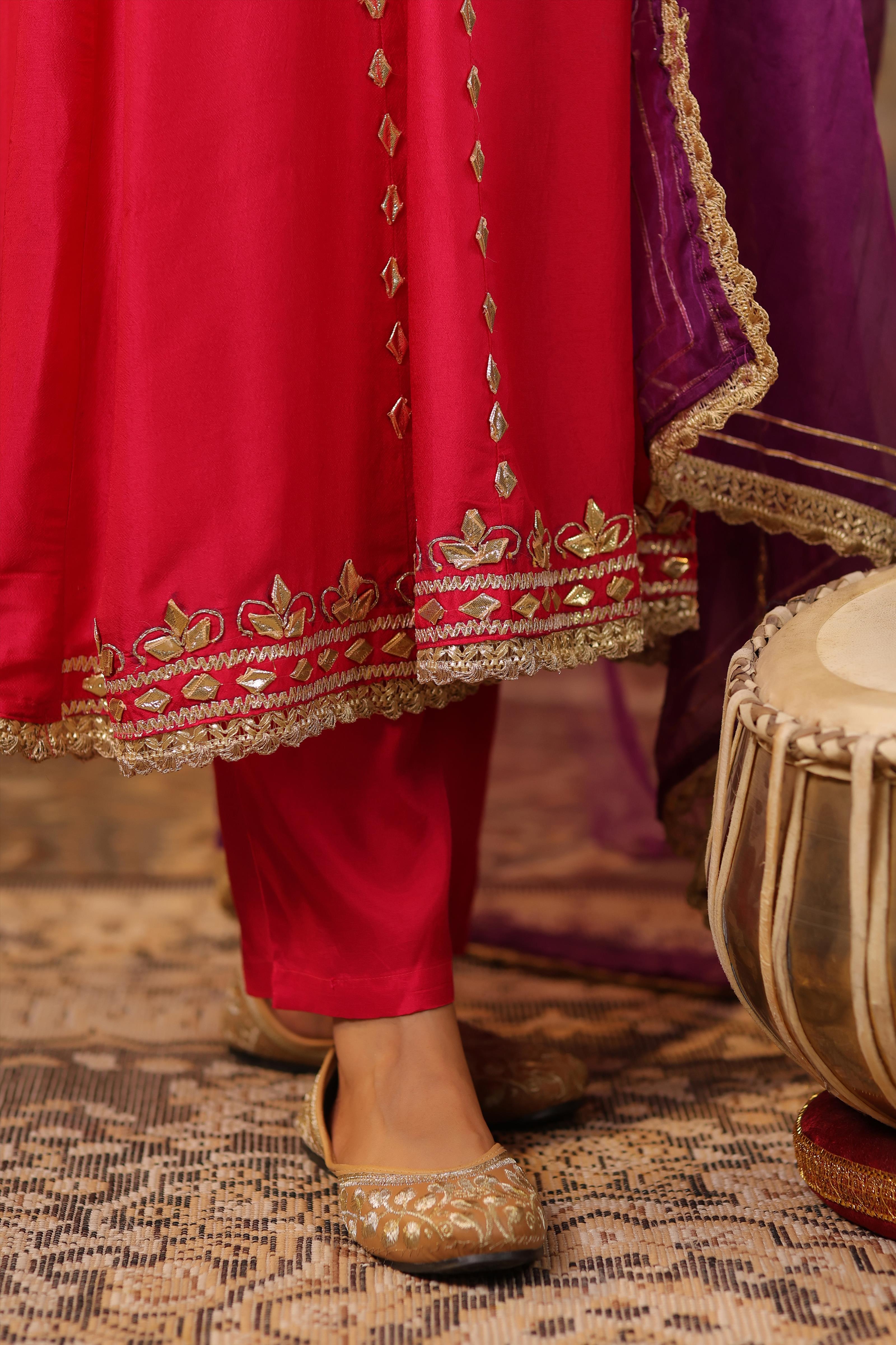 Fuchsia-Purple Dupion Silk Gota Work Anarkali Set