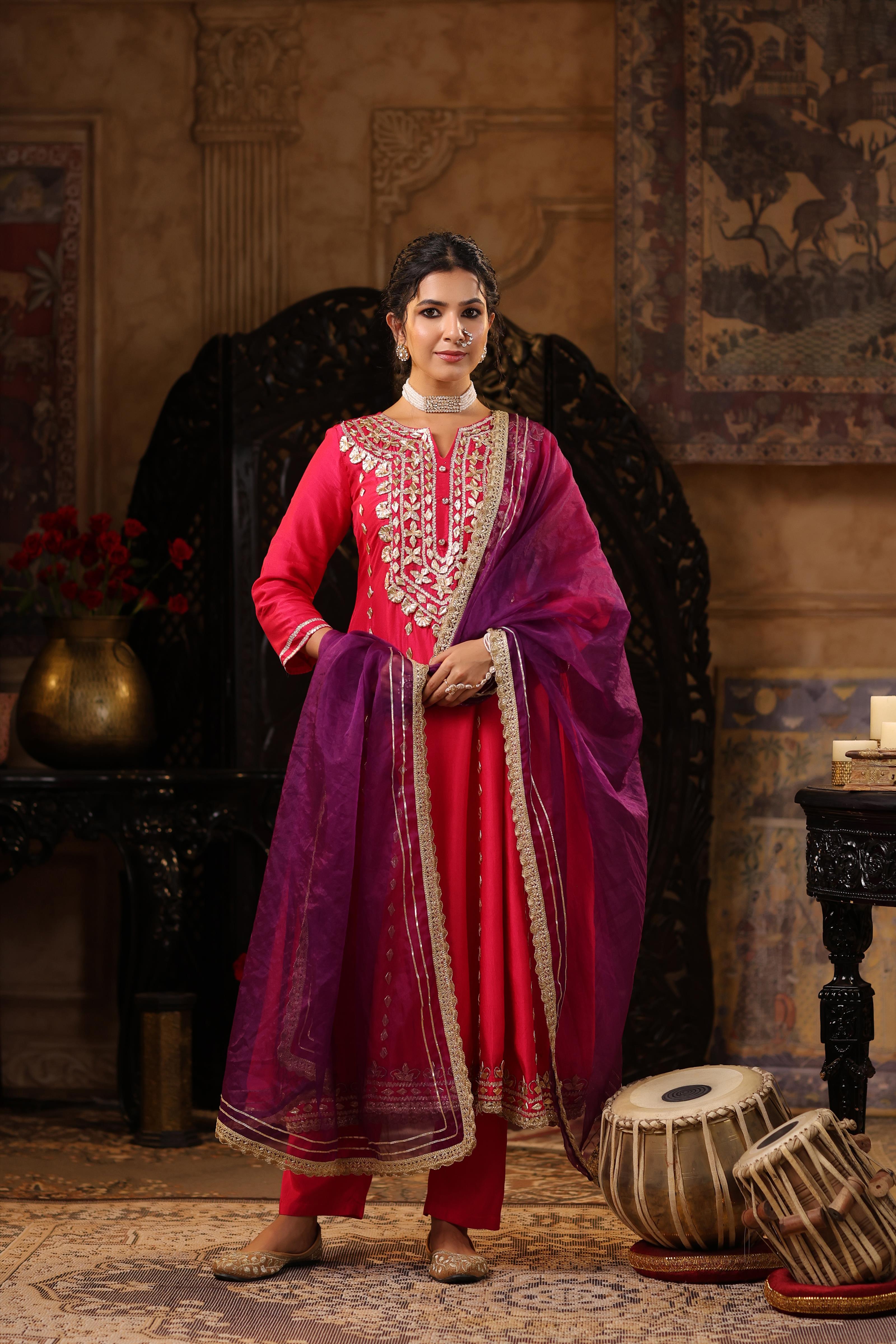 Fuchsia-Purple Dupion Silk Gota Work Anarkali Set