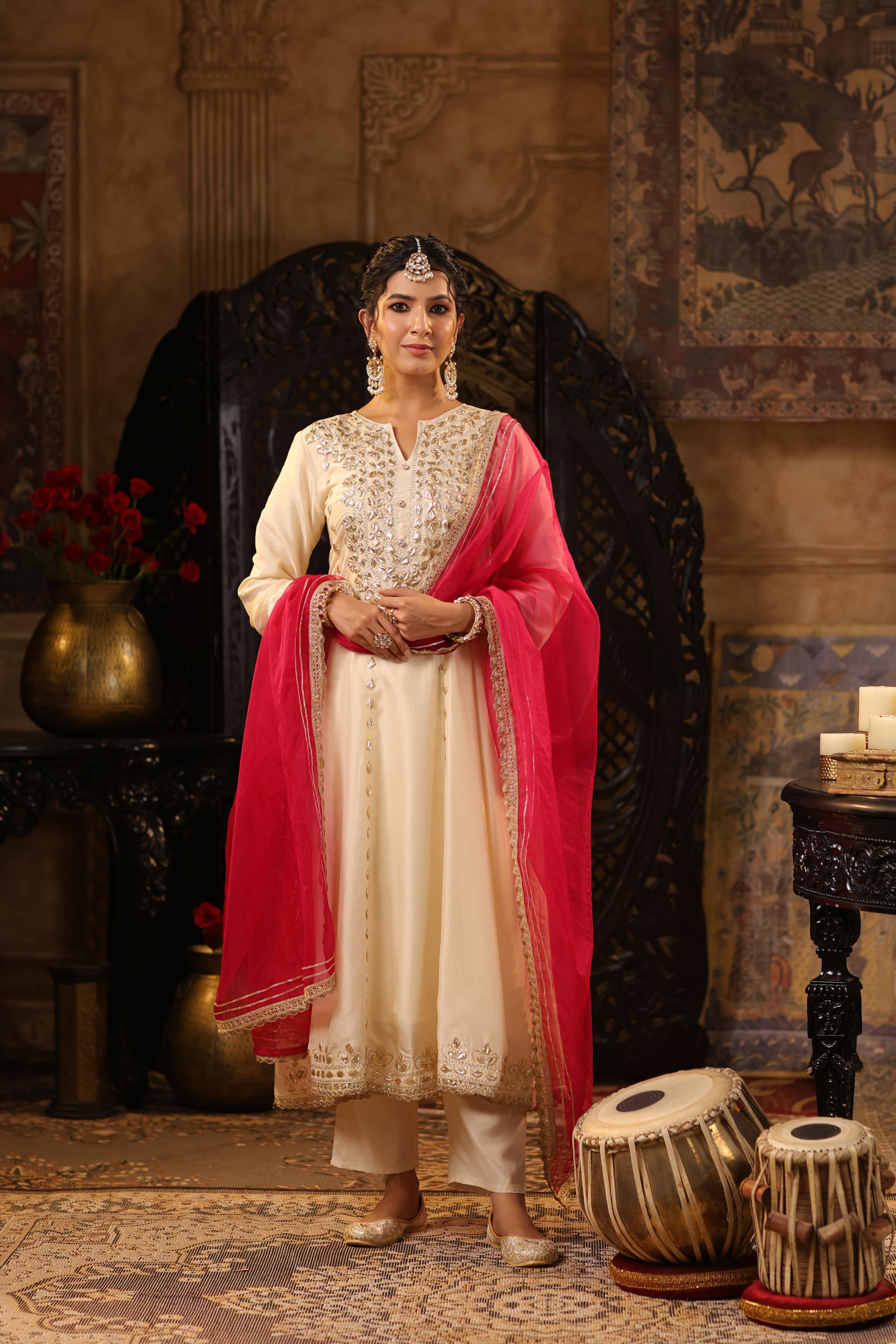 Ivory-Fuchsia Dupion Silk Gota Work Anarkali Set